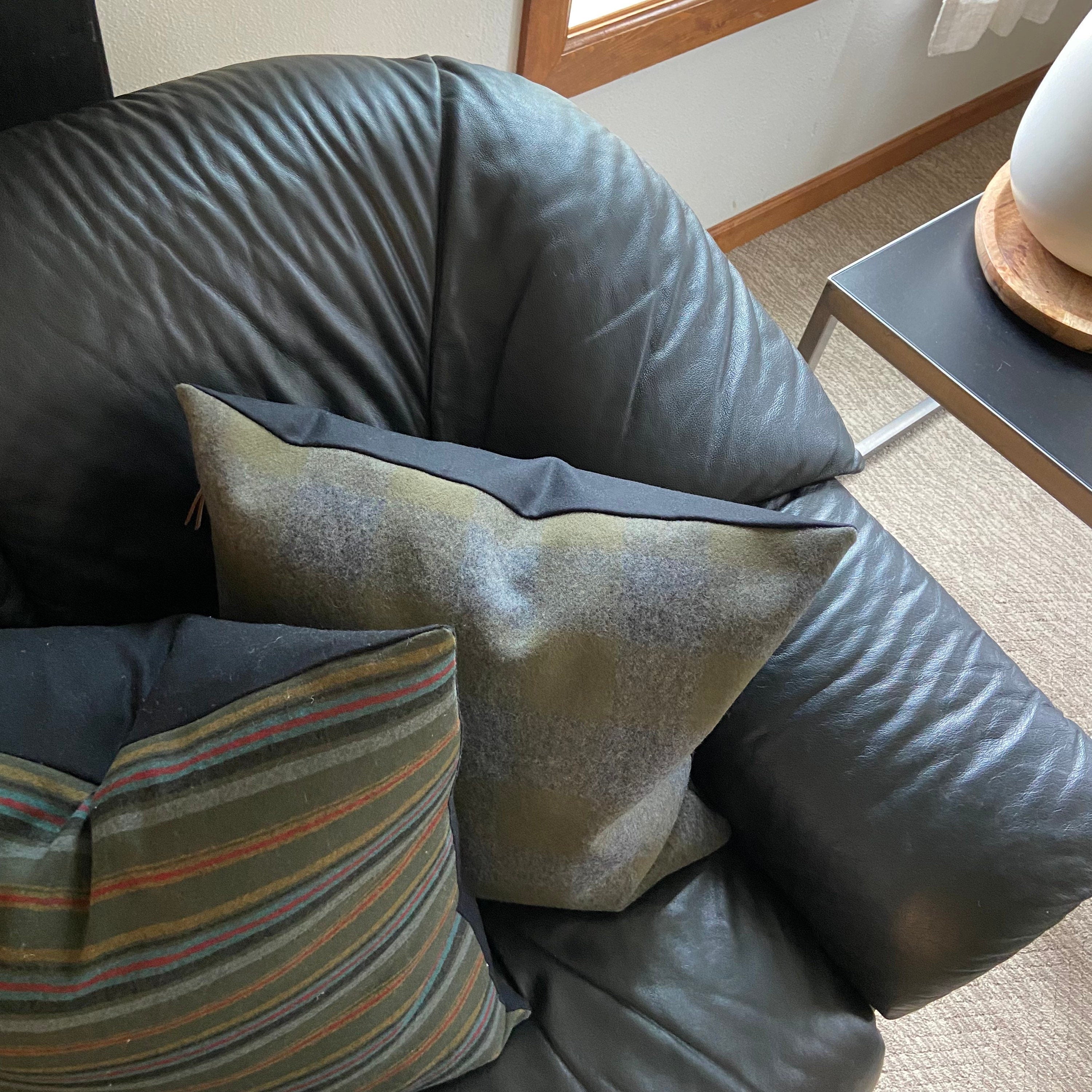 Gray and olive green wool plaid pillow cover exposed zipper leather pull 14x24 20” 24”handmade