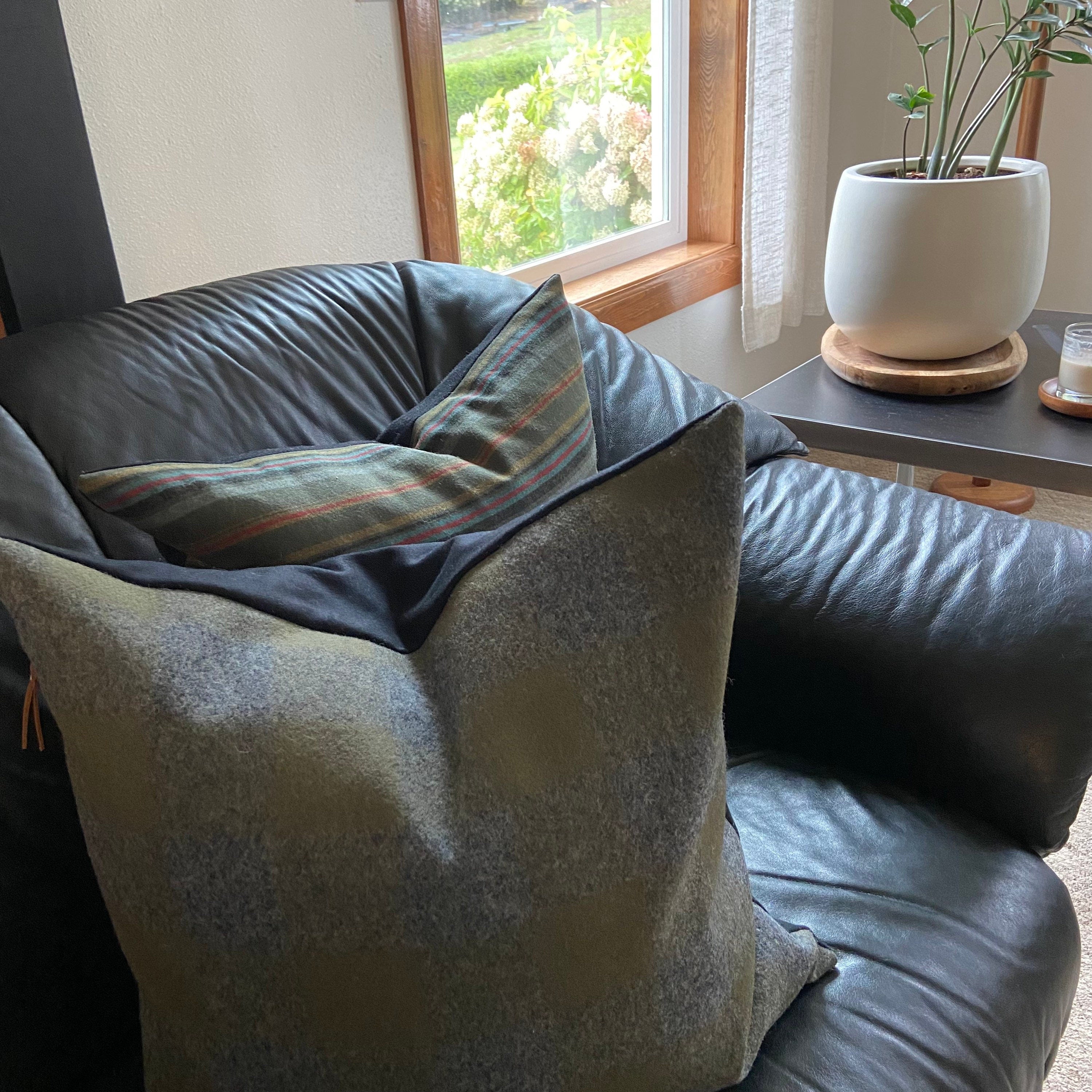 Gray and olive green wool plaid pillow cover exposed zipper leather pull 14x24 20” 24”handmade