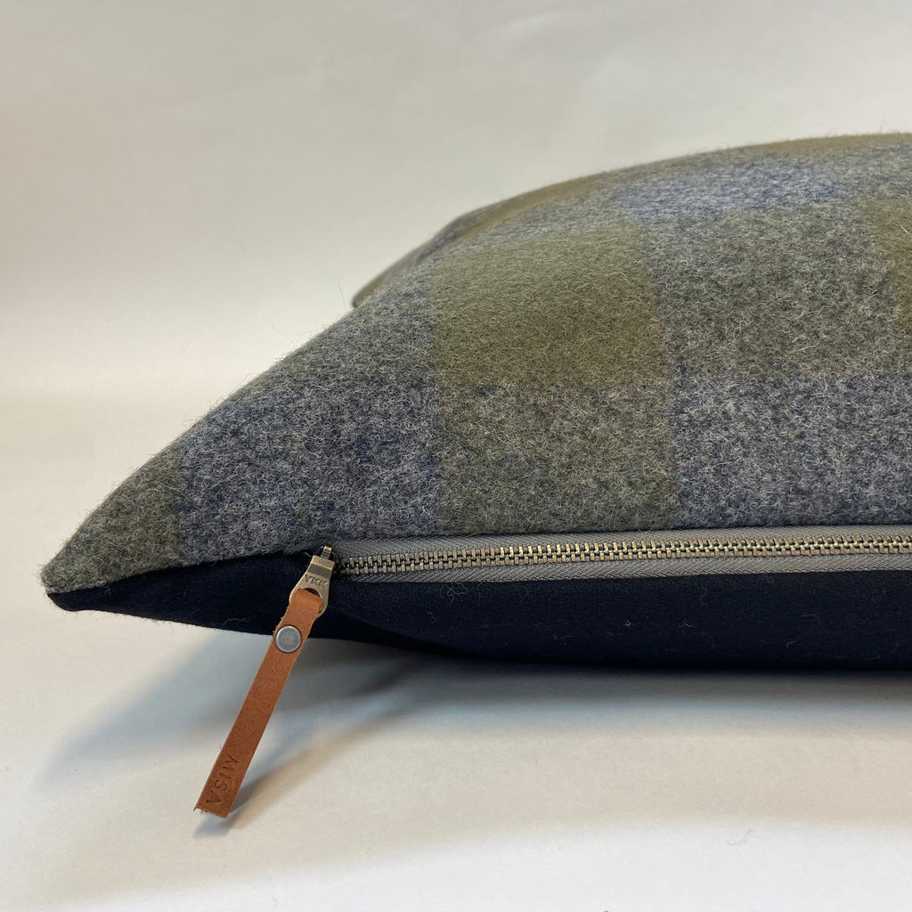 Gray and olive green wool plaid pillow cover exposed zipper leather pull 14x24 20” 24”handmade