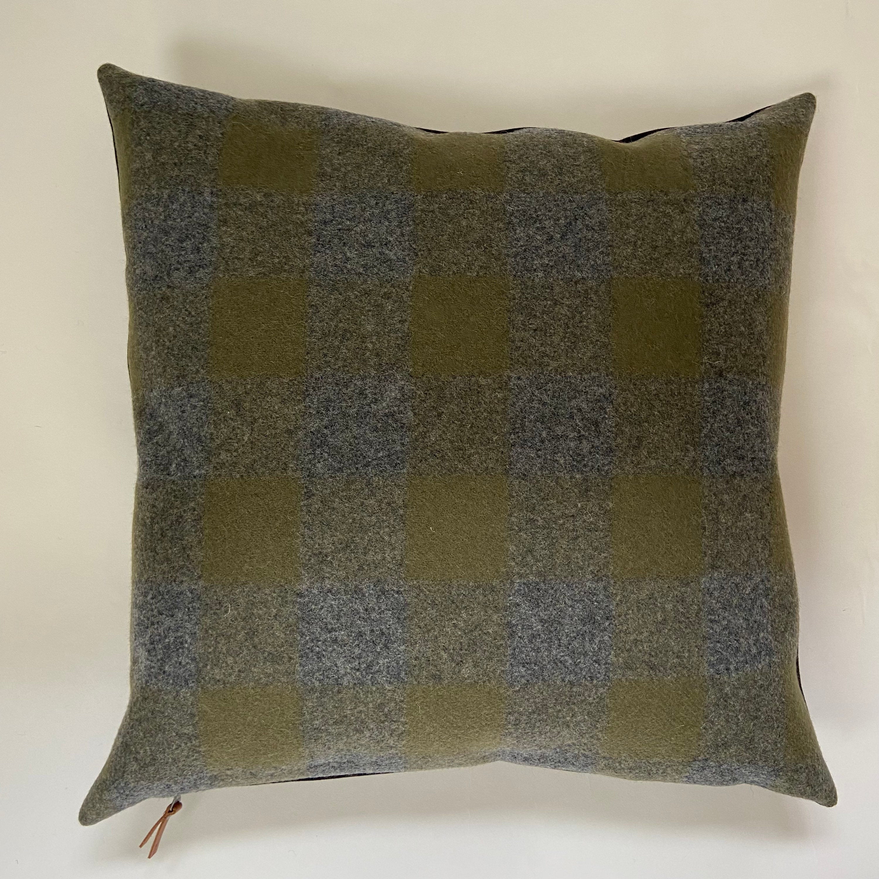 Gray and olive green wool plaid pillow cover exposed zipper leather pull 14x24 20” 24”handmade