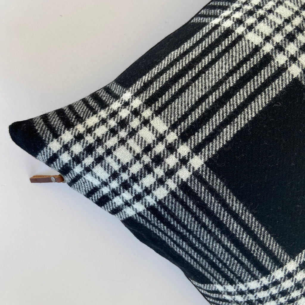 Black and white plaid wool pillow cover exposed zipper-leather pull 24x24 22x22 20x20 14x24 handmade