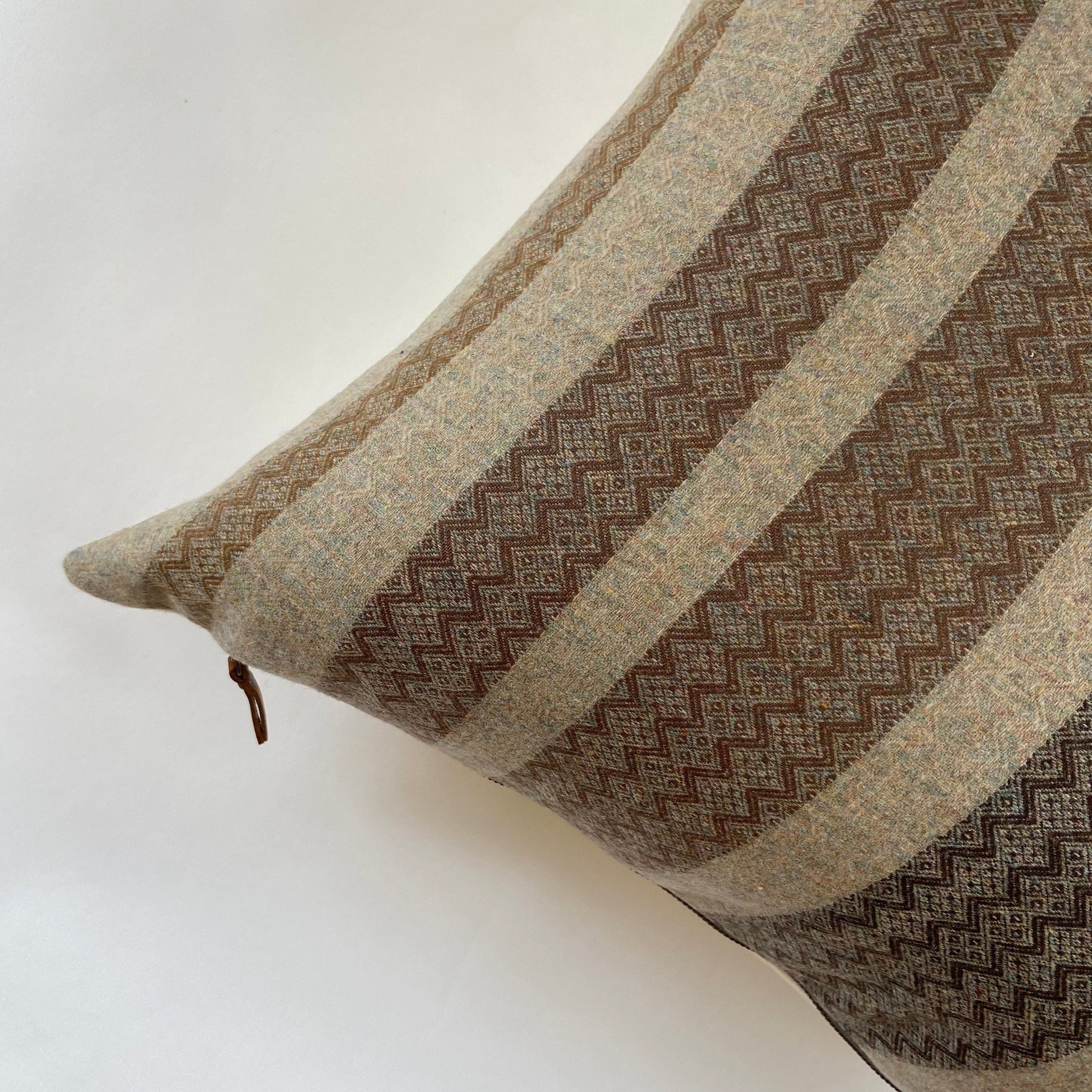 Brown pillow cover brown wool striped pillow exposed zipper leather pull 20”22" 24” 14x24” cream wool handmade