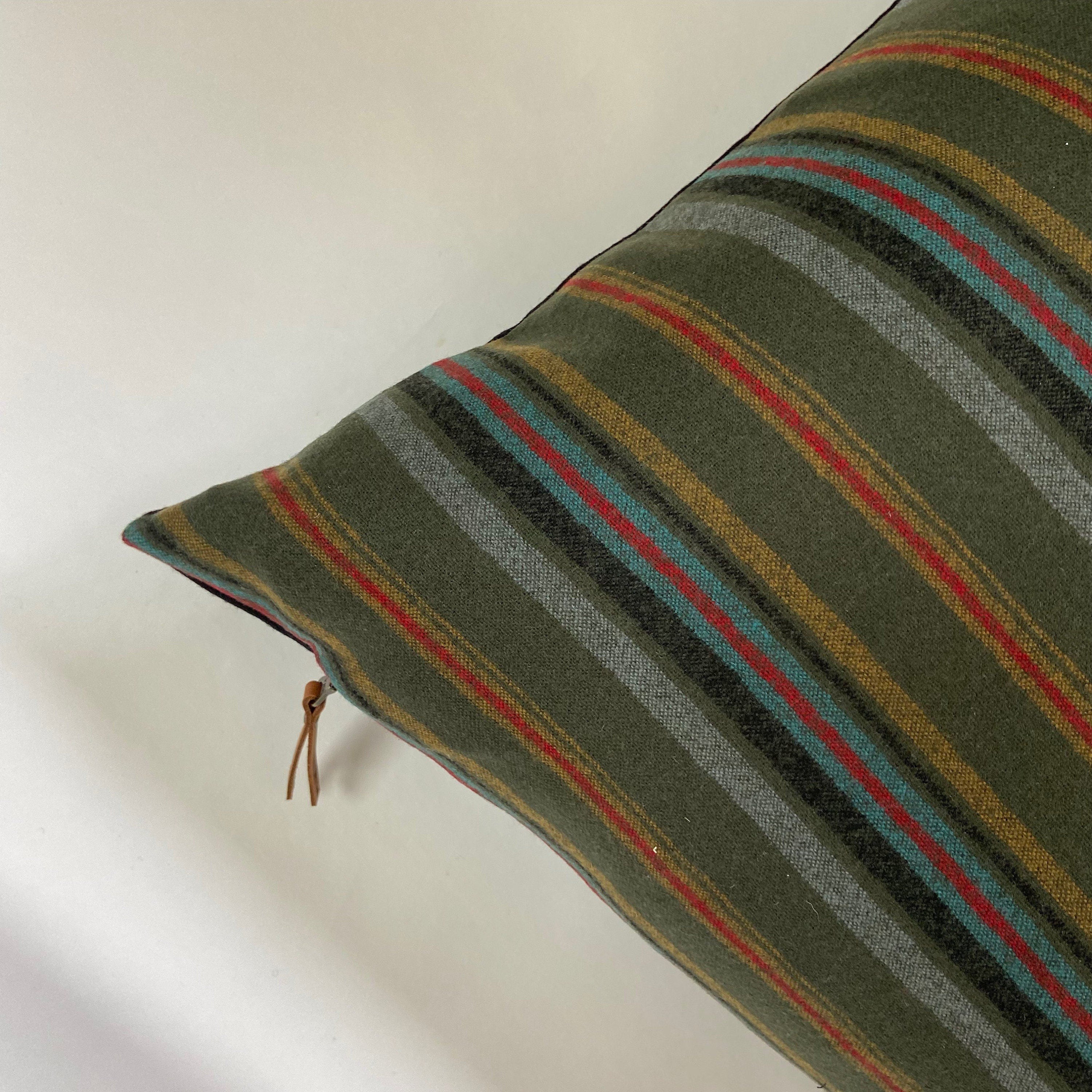 Gray and olive green wool plaid pillow cover exposed zipper leather pull 14x24 20” 24”handmade