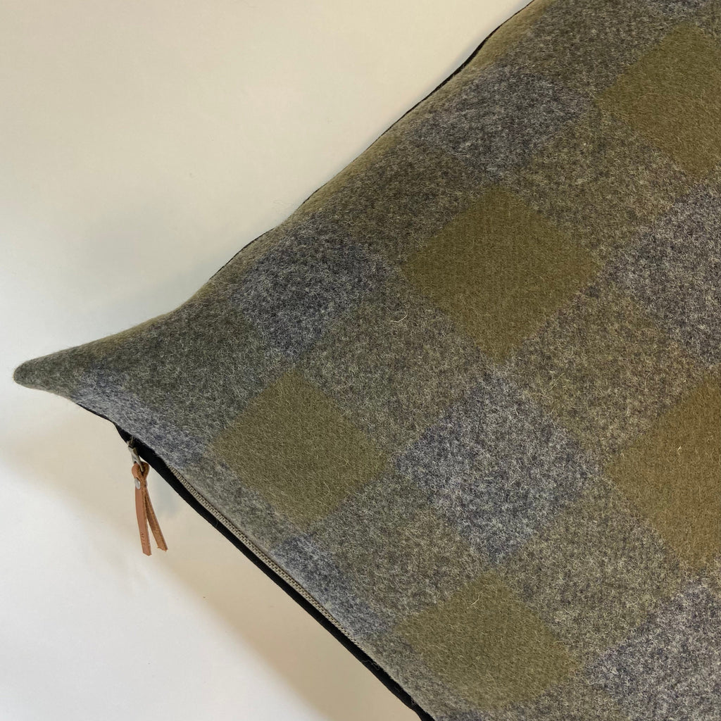 Gray and olive green wool plaid pillow cover exposed zipper leather pull 14x24 20” 24”handmade