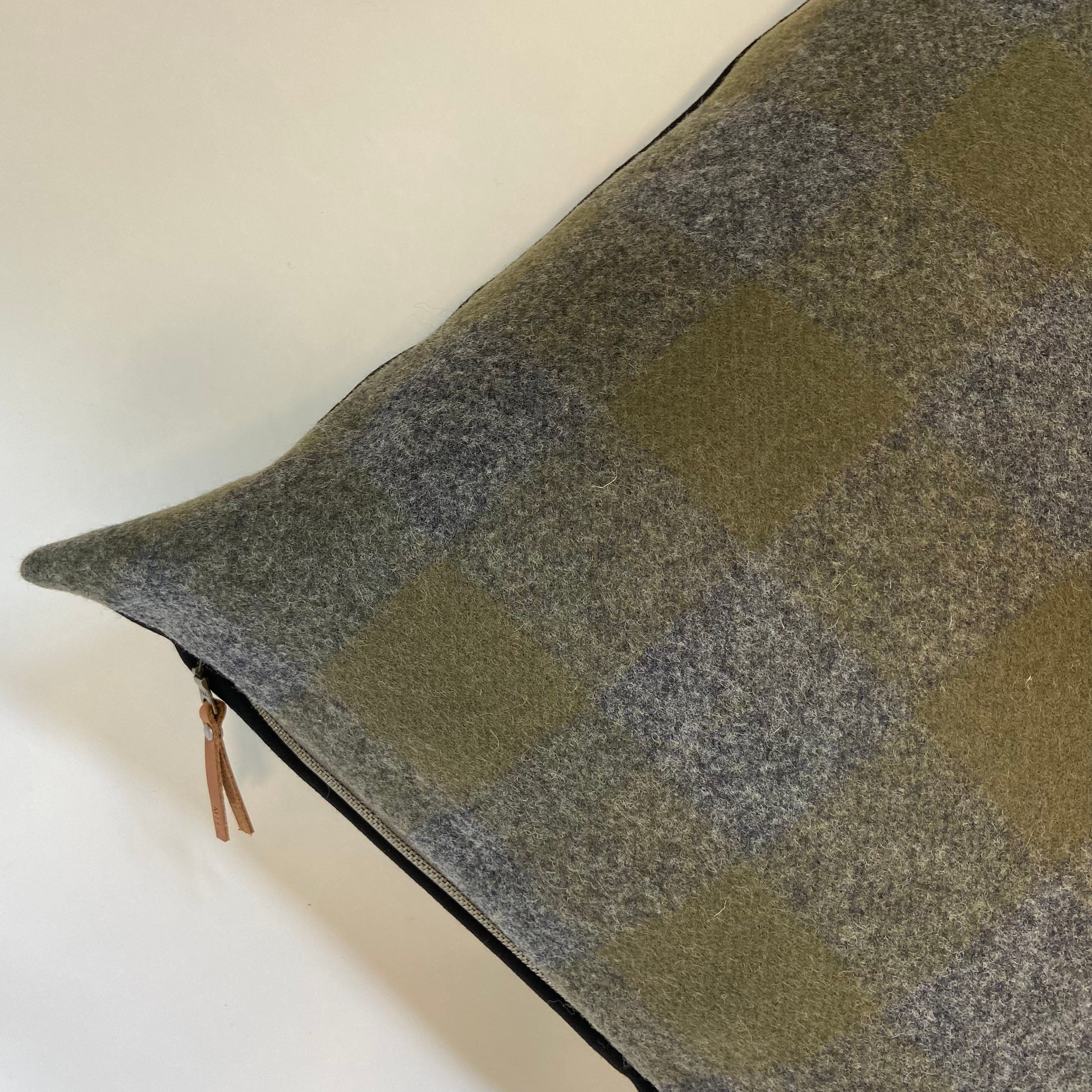 Gray and olive green wool plaid pillow cover exposed zipper leather pull 14x24 20” 24”handmade