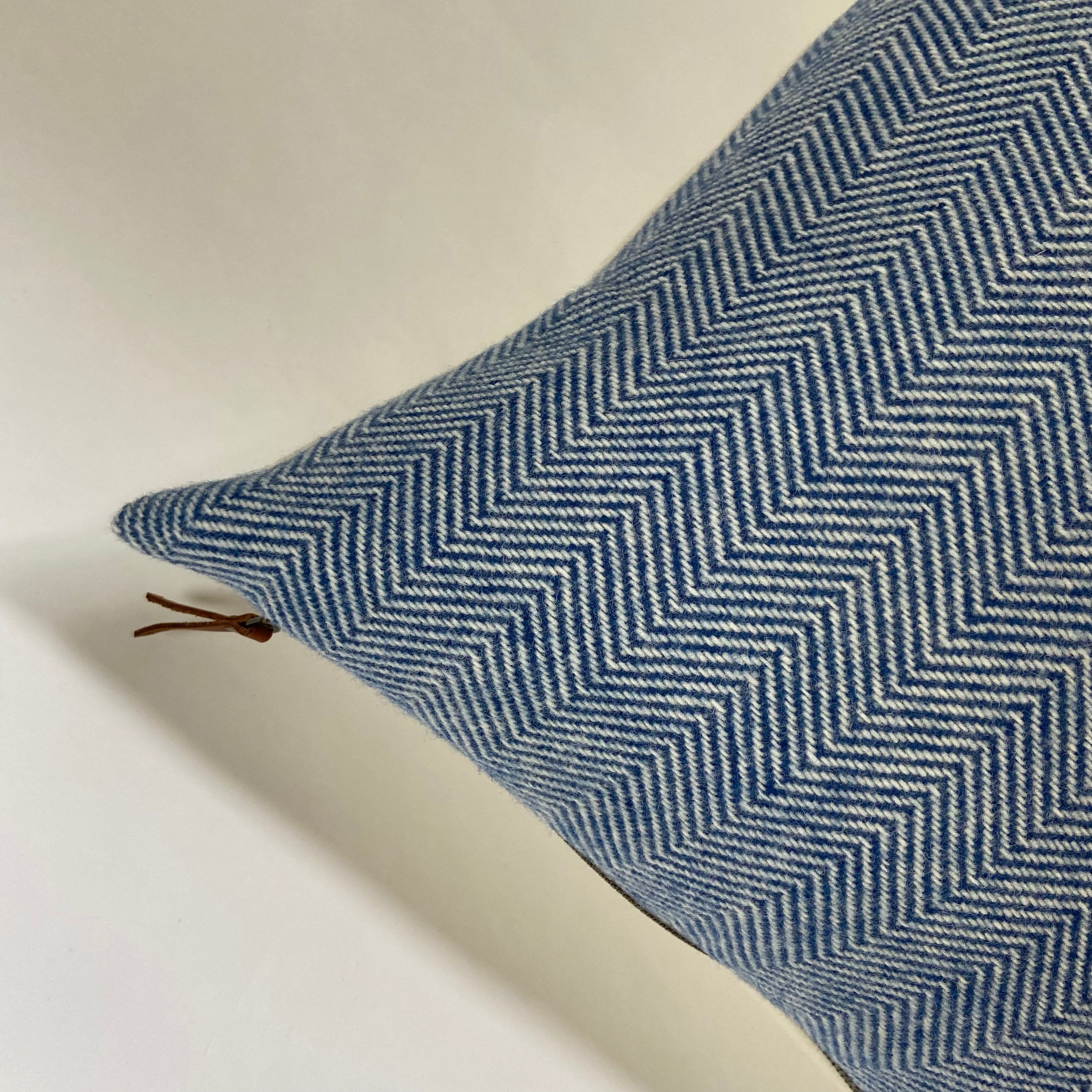 Blue and cream herringbone wool pillow cover exposed zipper-leather pull 18”20"24"14x24 handmade