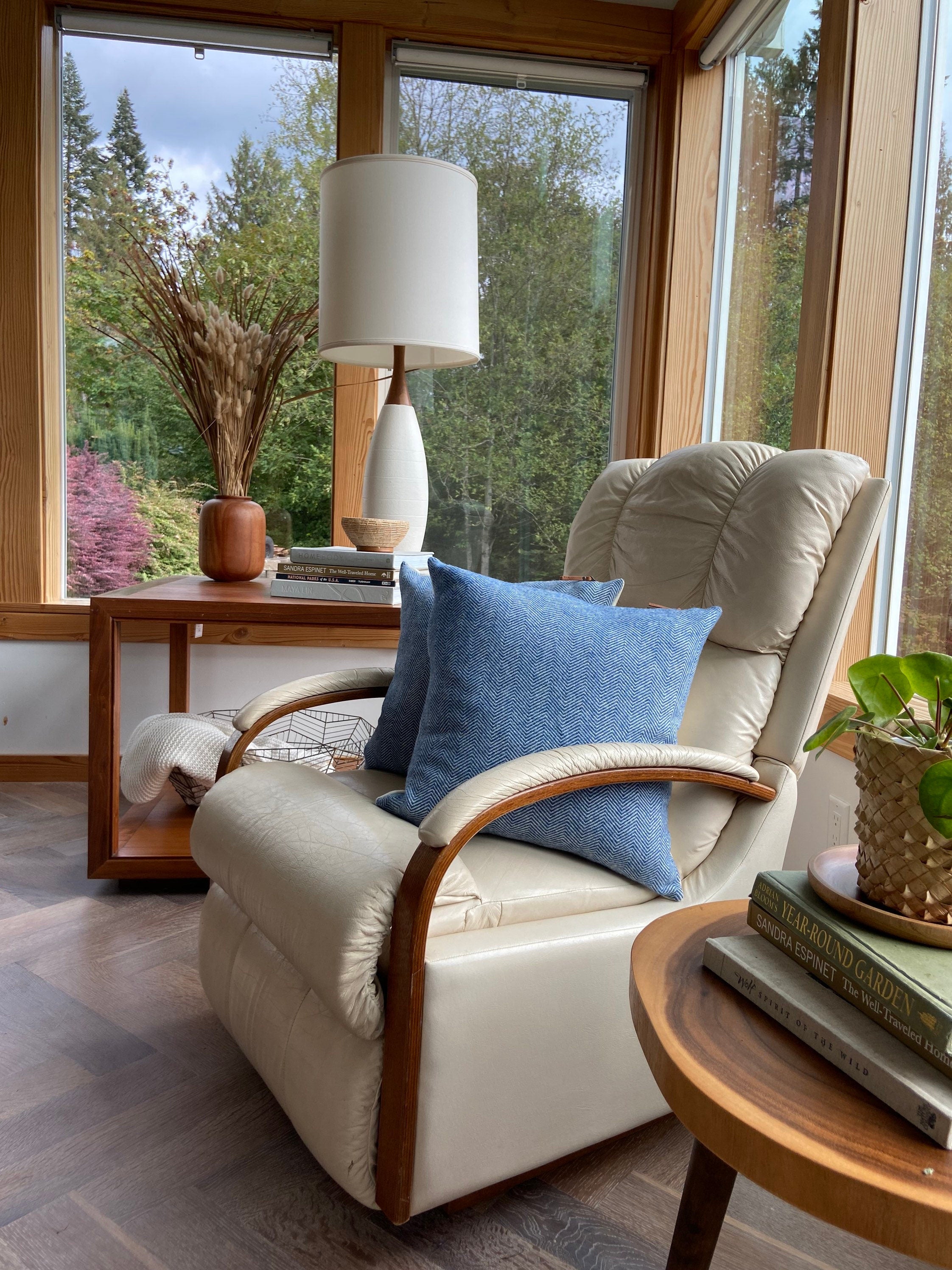 Blue and cream herringbone wool pillow cover exposed zipper-leather pull 18”20"24"14x24 handmade