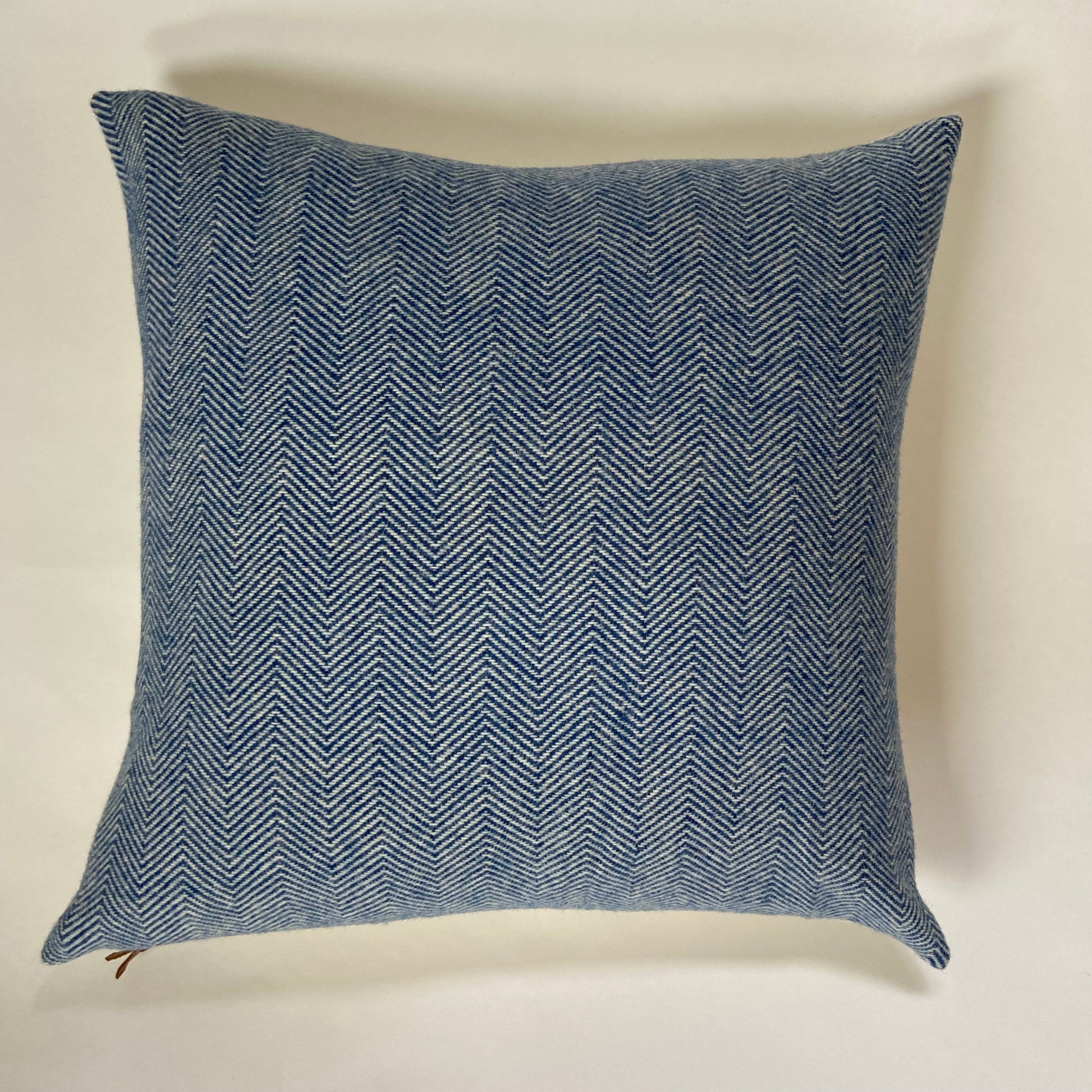 Blue and cream herringbone wool pillow cover exposed zipper-leather pull 18”20"24"14x24 handmade