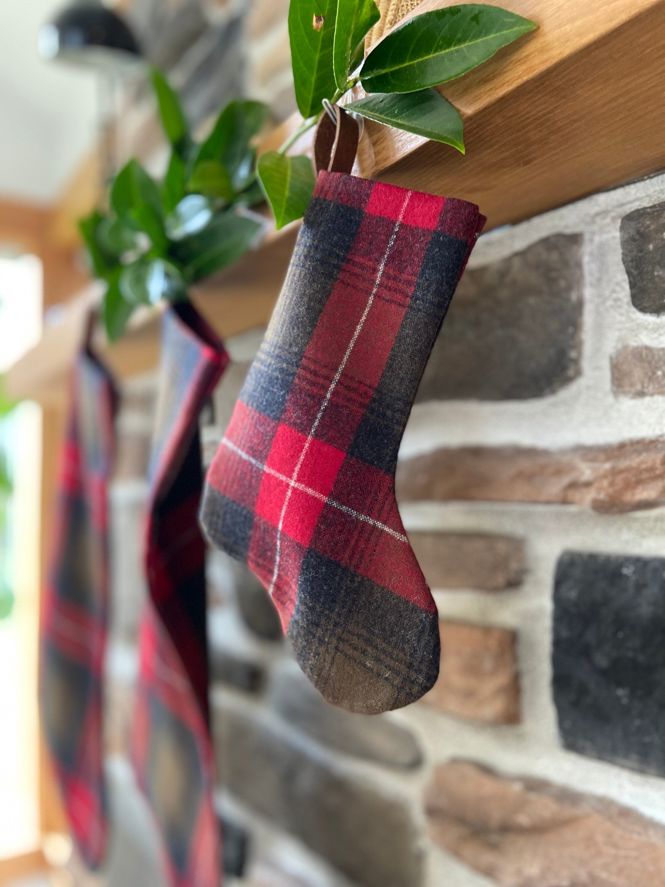 wool plaid green and red christmas stocking leather hanging tabs handmade