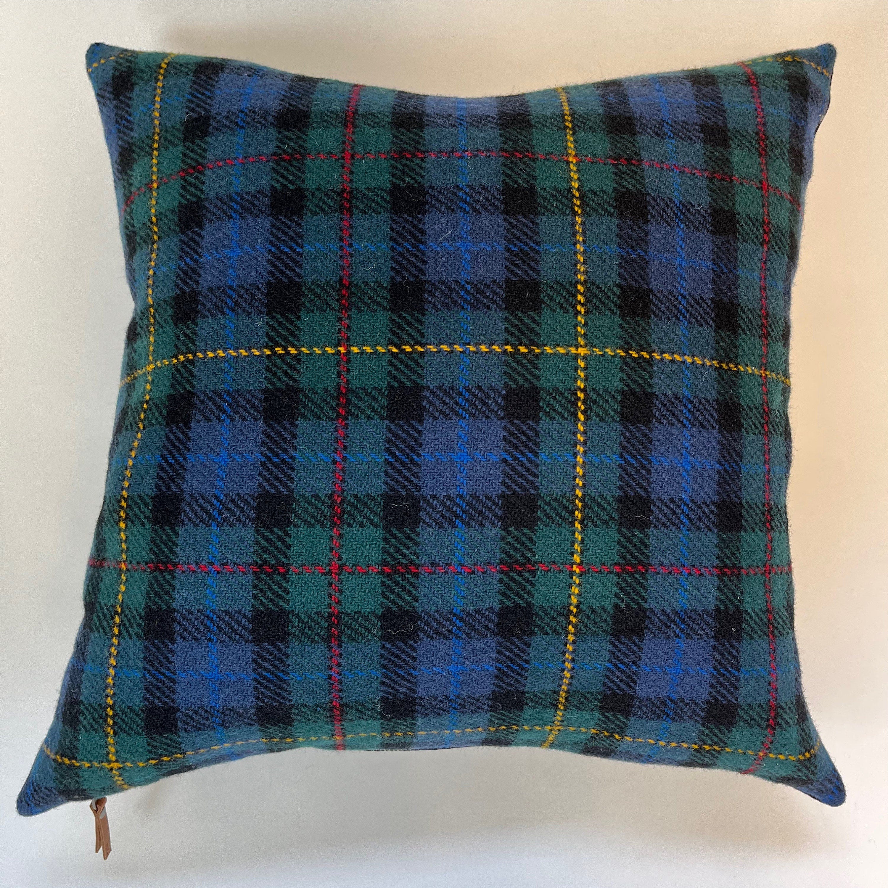 Navy plaid wool green and navy pillow cover exposed zipper-leather pull 18" Handcrafted by misa housewarming gift