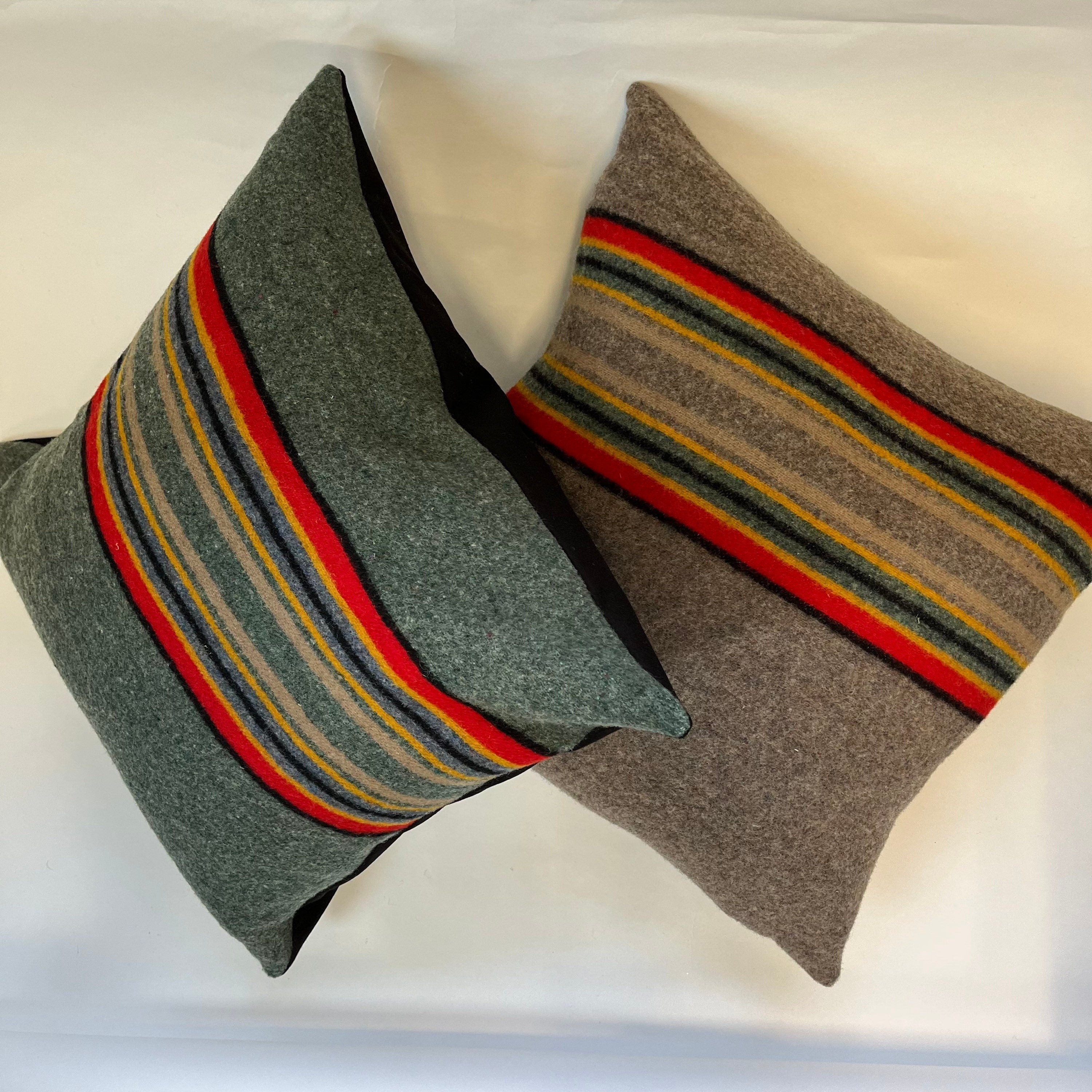 Multicolored striped wool pillow cover exposed zipper-leather pull 20”18”24” “Yakima camp” housewarming gift