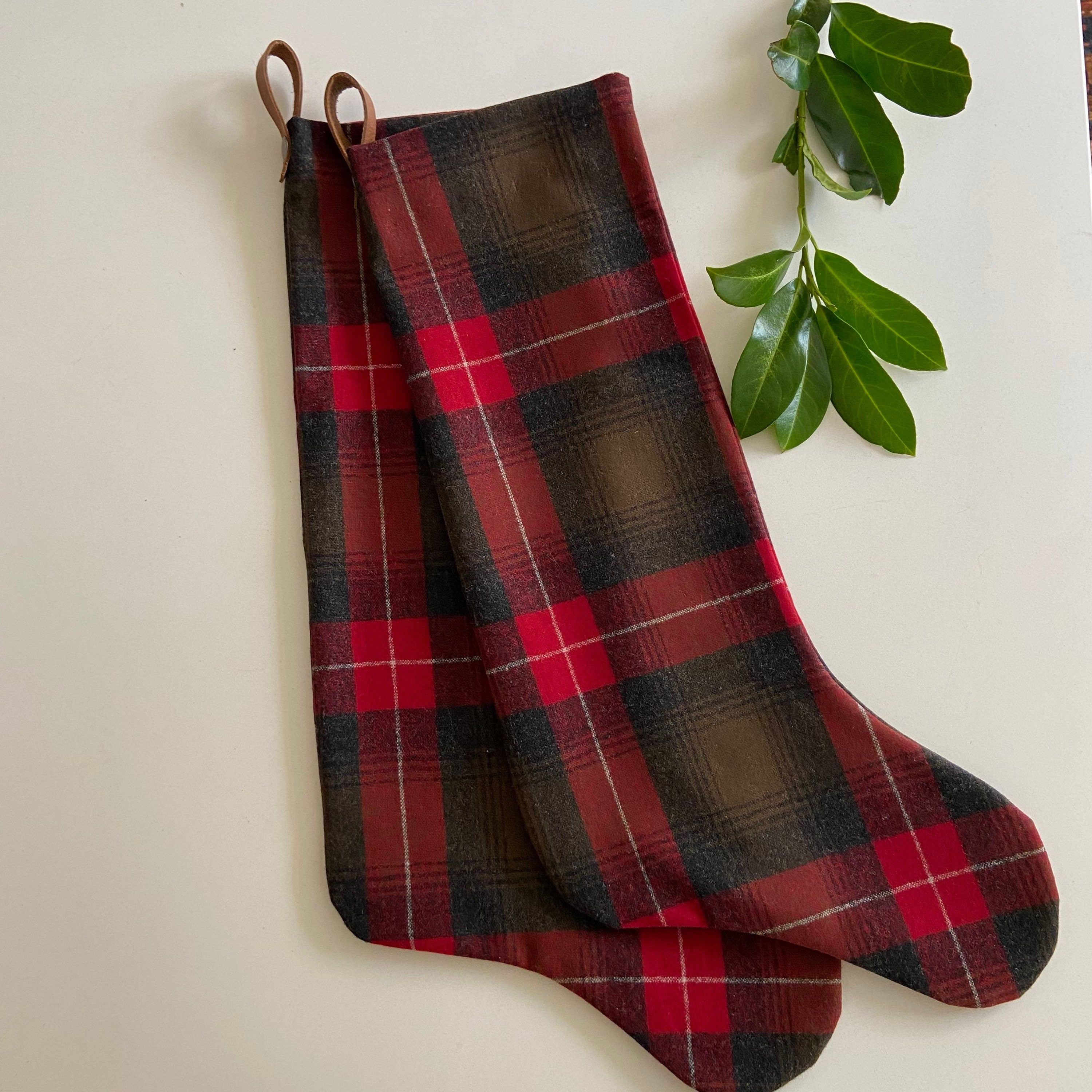 wool plaid green and red christmas stocking leather hanging tabs handmade
