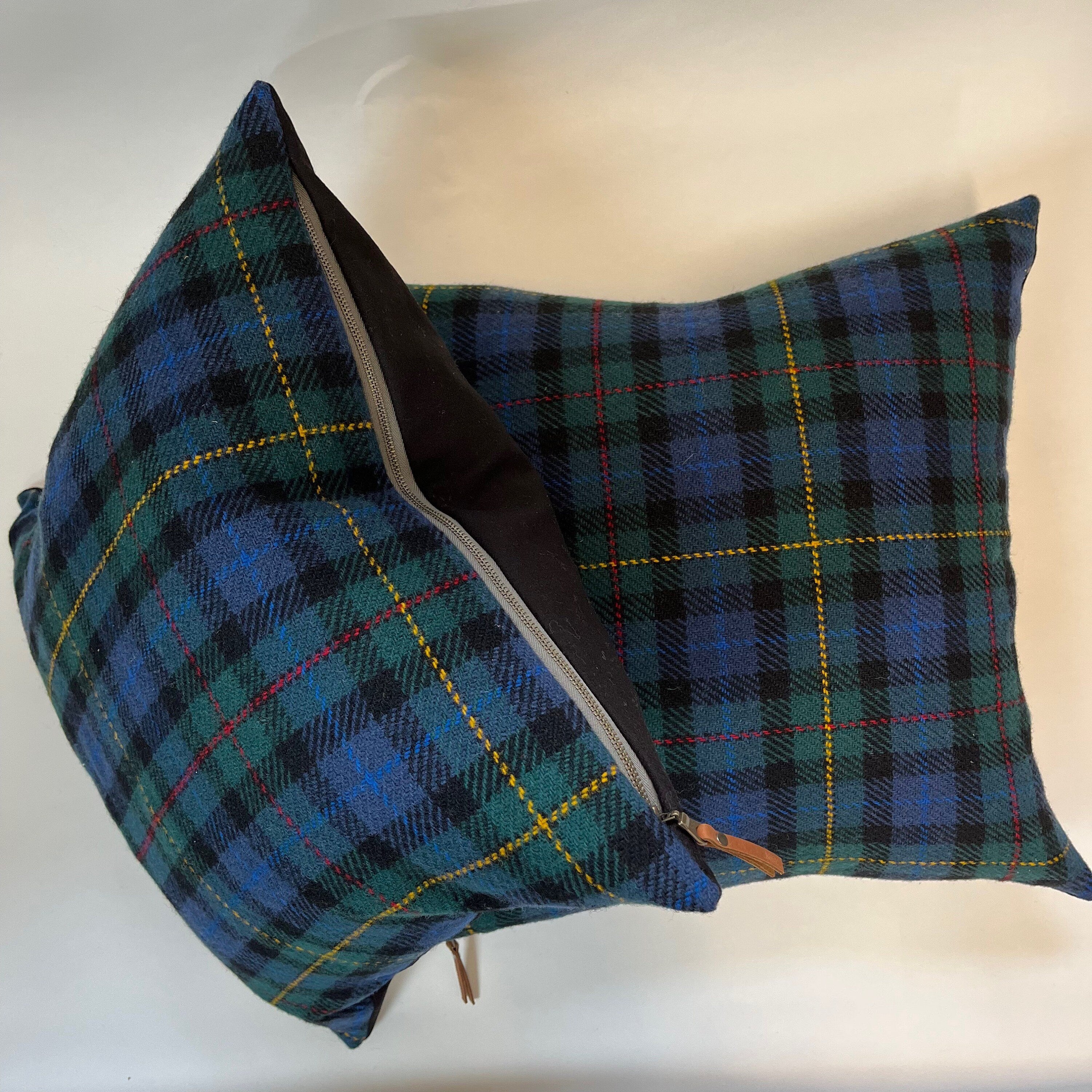 Navy plaid wool green and navy pillow cover exposed zipper-leather pull 18" Handcrafted by misa housewarming gift