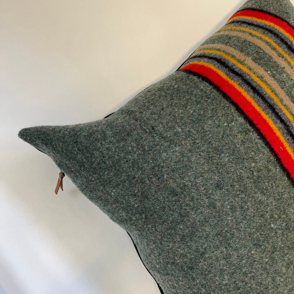 Multicolored striped wool pillow cover exposed zipper-leather pull 20”18”24” “Yakima camp” housewarming gift