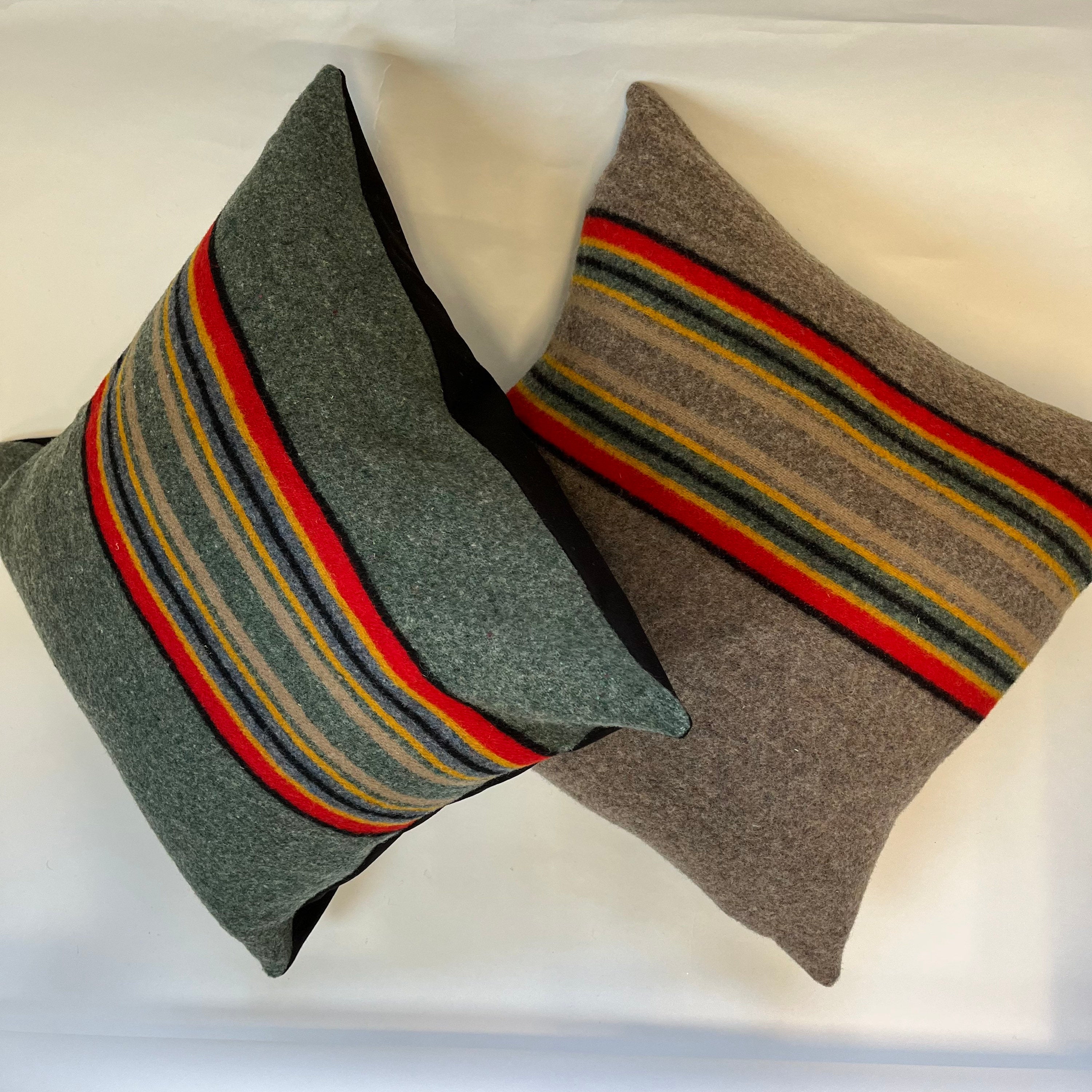 Striped wool pillow cover handmade exposed zipper-leather pull 18” 20” 24” Handcrafted by misa housewarming gift