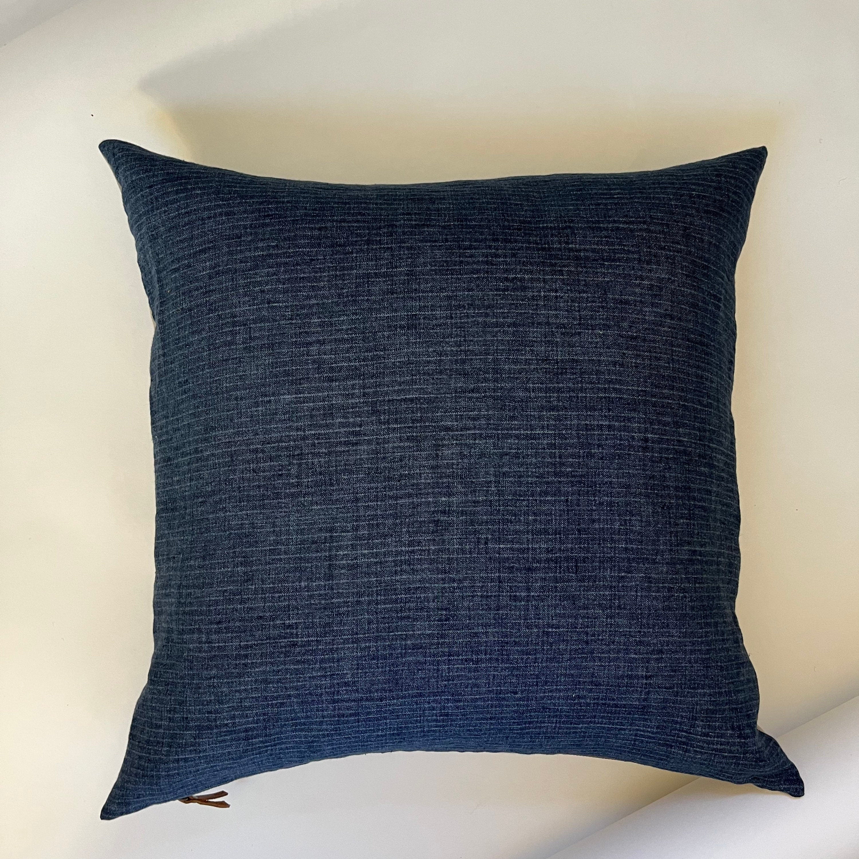 Blue striped linen pillow cover exposed zipper-leather pull 14x24 18” 20"22" 24"high quality 100% linen housewarming gift