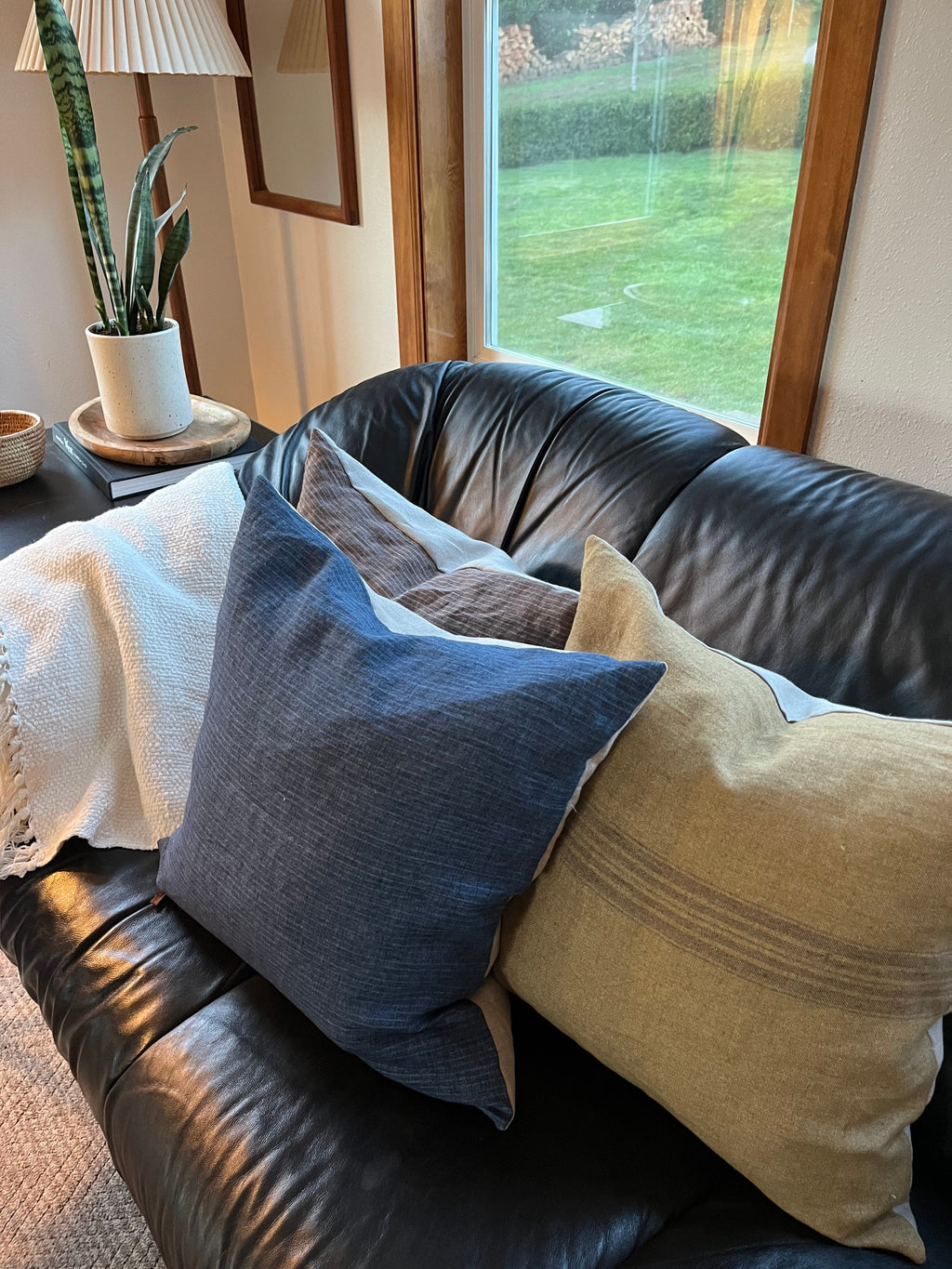Brown striped linen pillow cover exposed zipper-leather pull 14x24 20x20 22x22 24x24high quality great texture 100% linen housewarming gift
