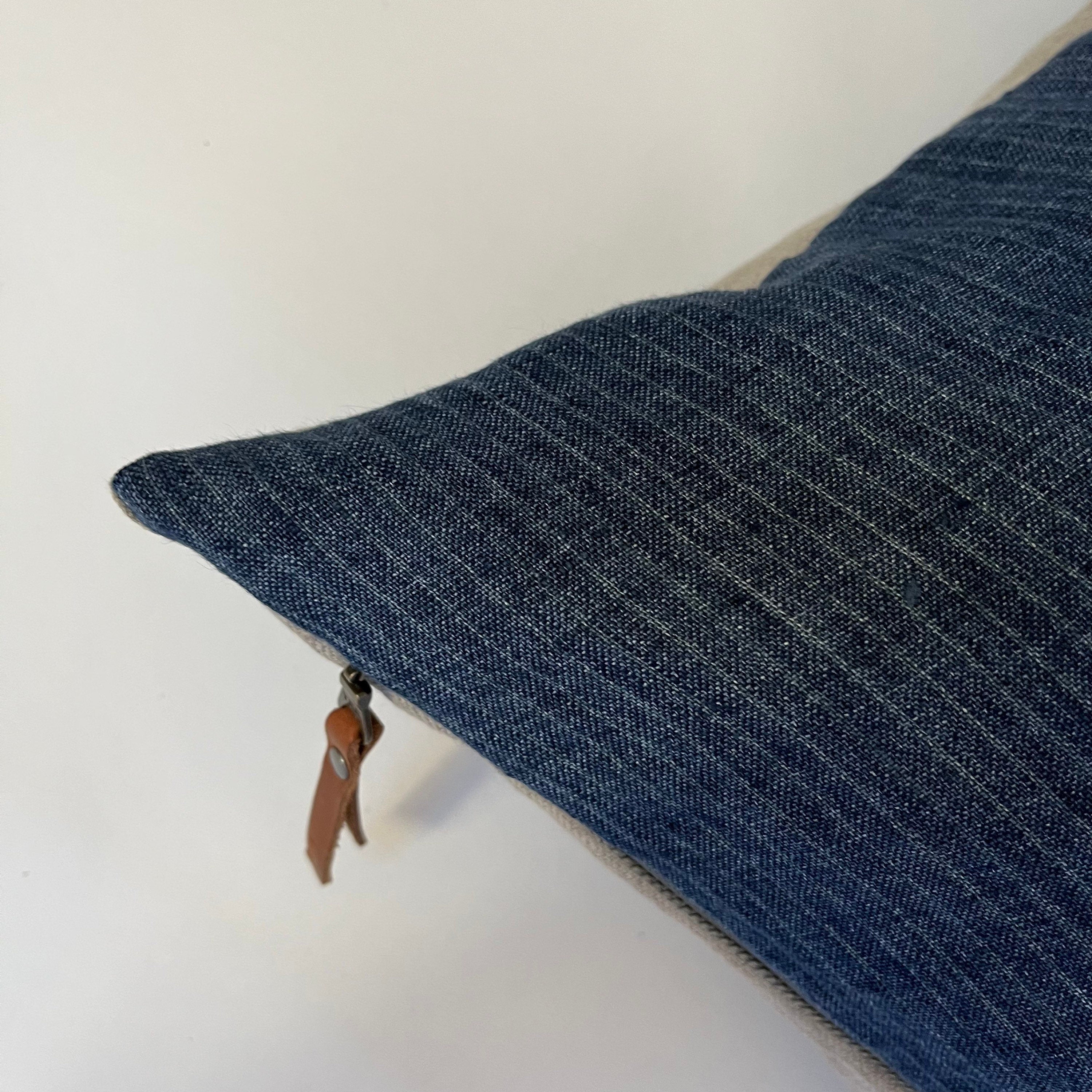 Blue striped linen pillow cover exposed zipper-leather pull 14x24 18” 20"22" 24"high quality 100% linen housewarming gift