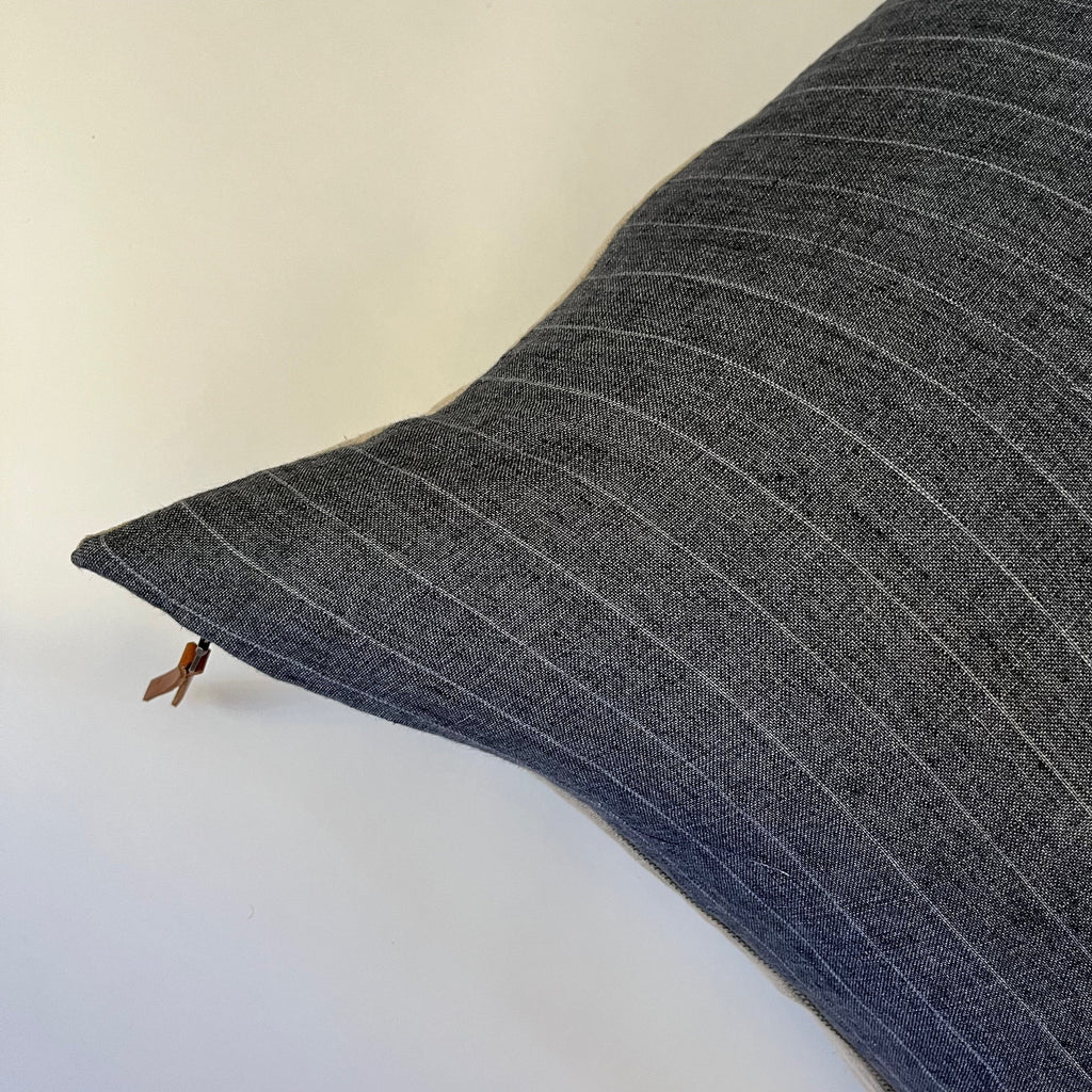Dark gray striped linen pillow cover exposed zipper-leather pull 14x24 20x20 24x24 high quality 100% linen housewarming gift