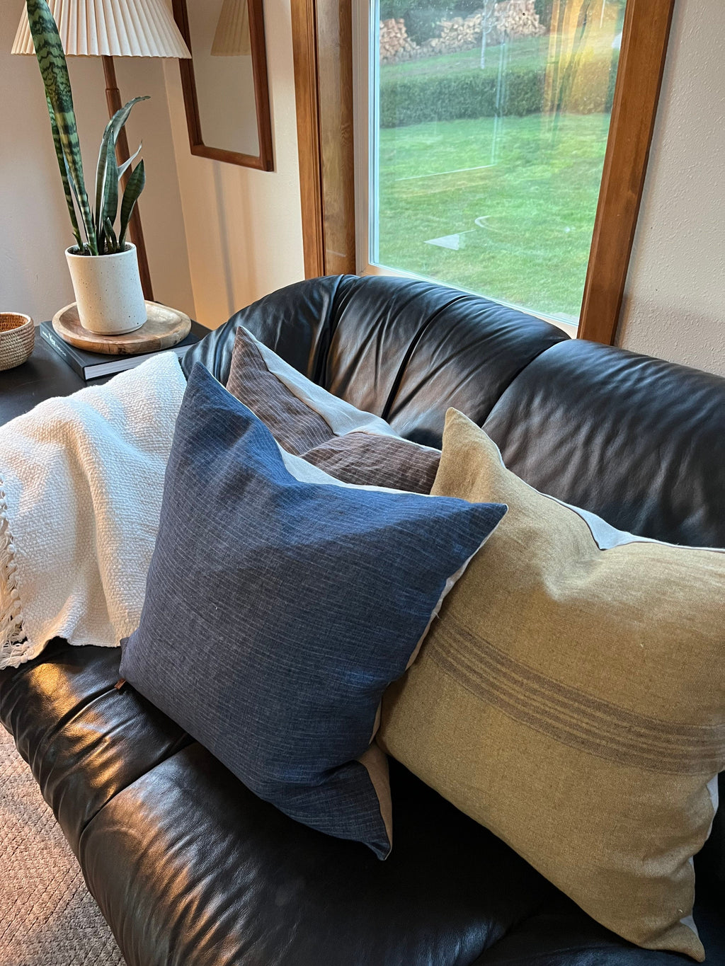 Dark gray striped linen pillow cover exposed zipper-leather pull 14x24 20x20 24x24 high quality 100% linen housewarming gift