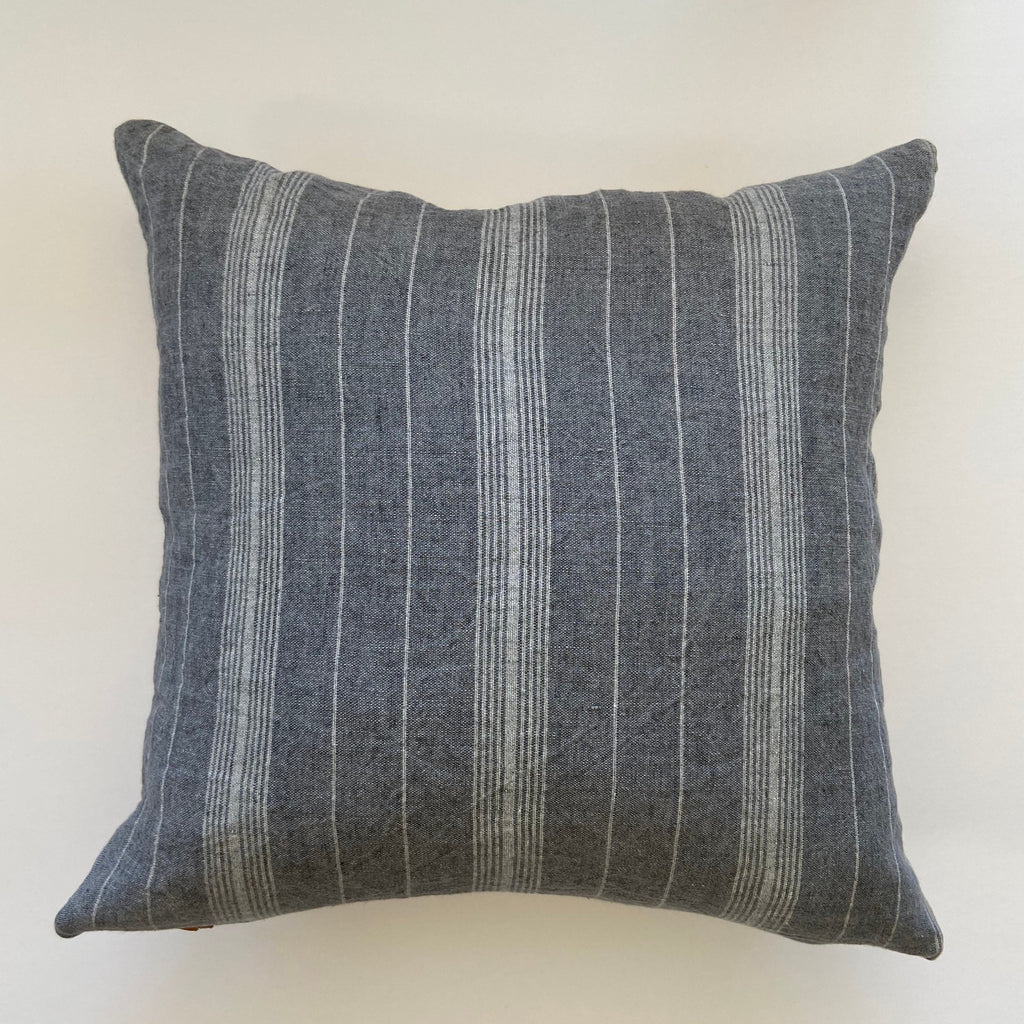 Gray blue striped linen pillow cover blue striped pillow exposed zipper-leather pull 14x24 22"2024" high quality housewarming gift