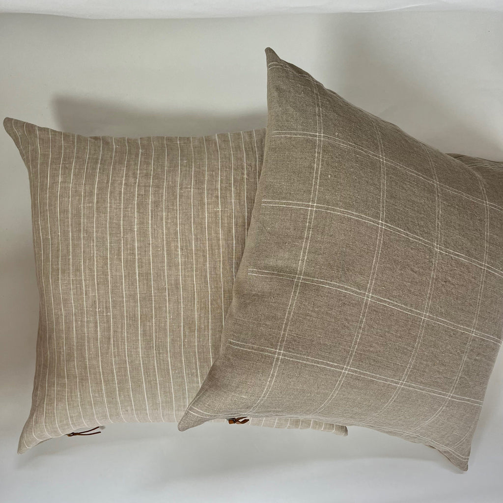 white and tan striped linen pillow cover exposed zipper-leather pull 20"22"24" 14x24 high quality 100% linen