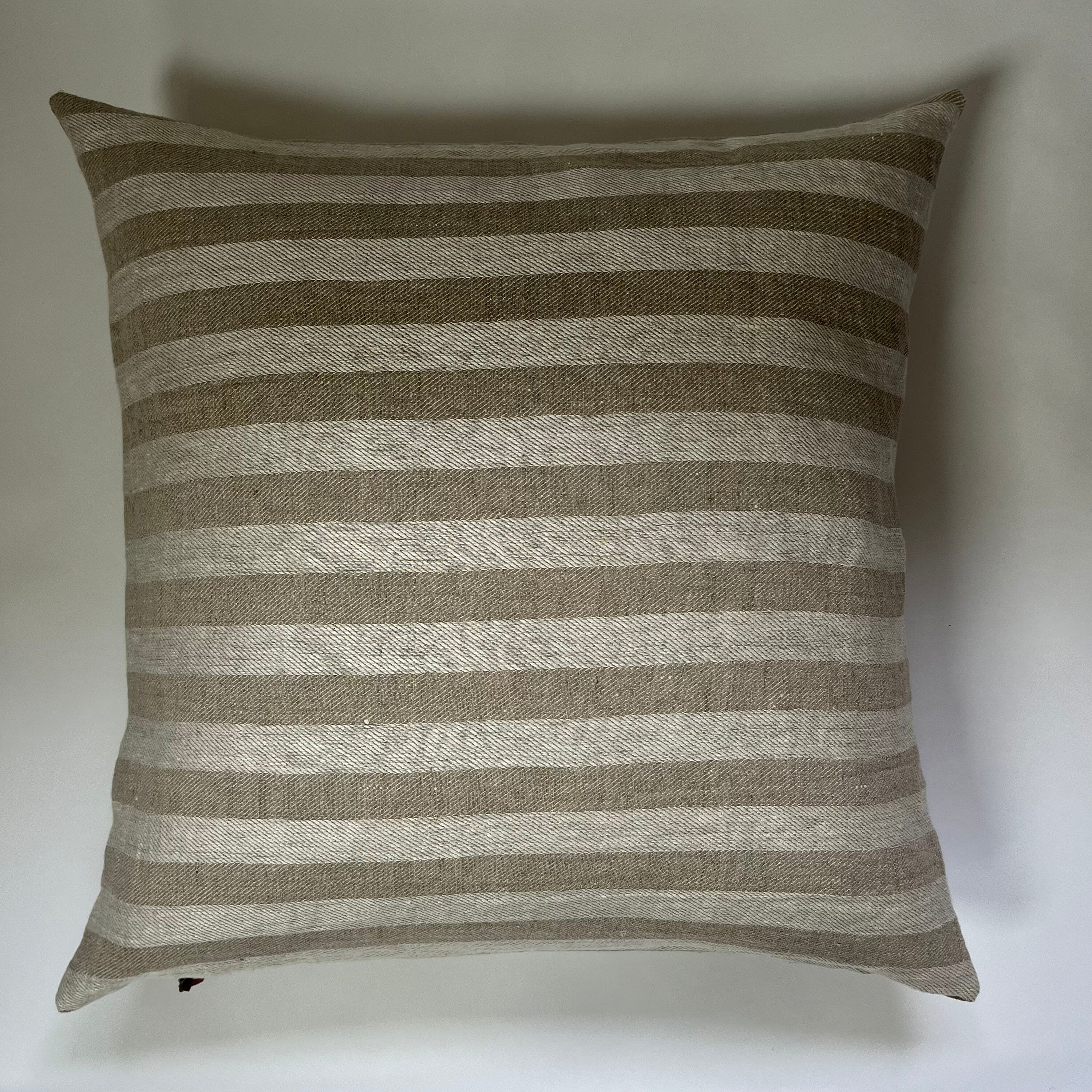 white and tan striped linen pillow cover exposed zipper-leather pull 20x20 22x22 24x24 14x24 high quality 100% linen housewarming gift