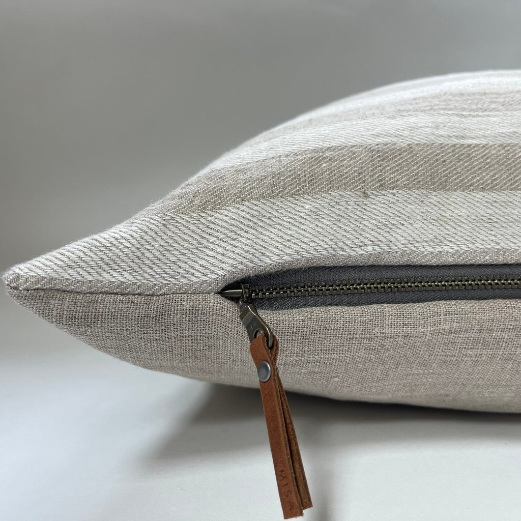 white and tan striped linen pillow cover exposed zipper-leather pull 20x20 22x22 24x24 14x24 high quality 100% linen housewarming gift