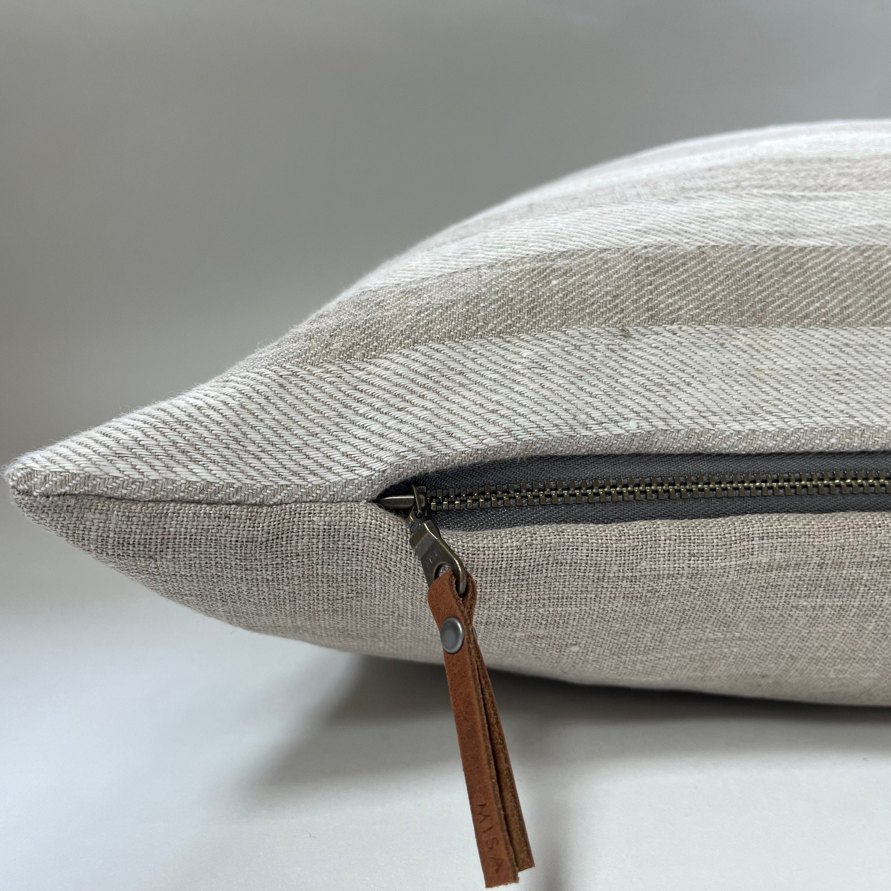 white and tan striped linen pillow cover exposed zipper-leather pull 20x20 22x22 24x24 14x24 high quality 100% linen housewarming gift