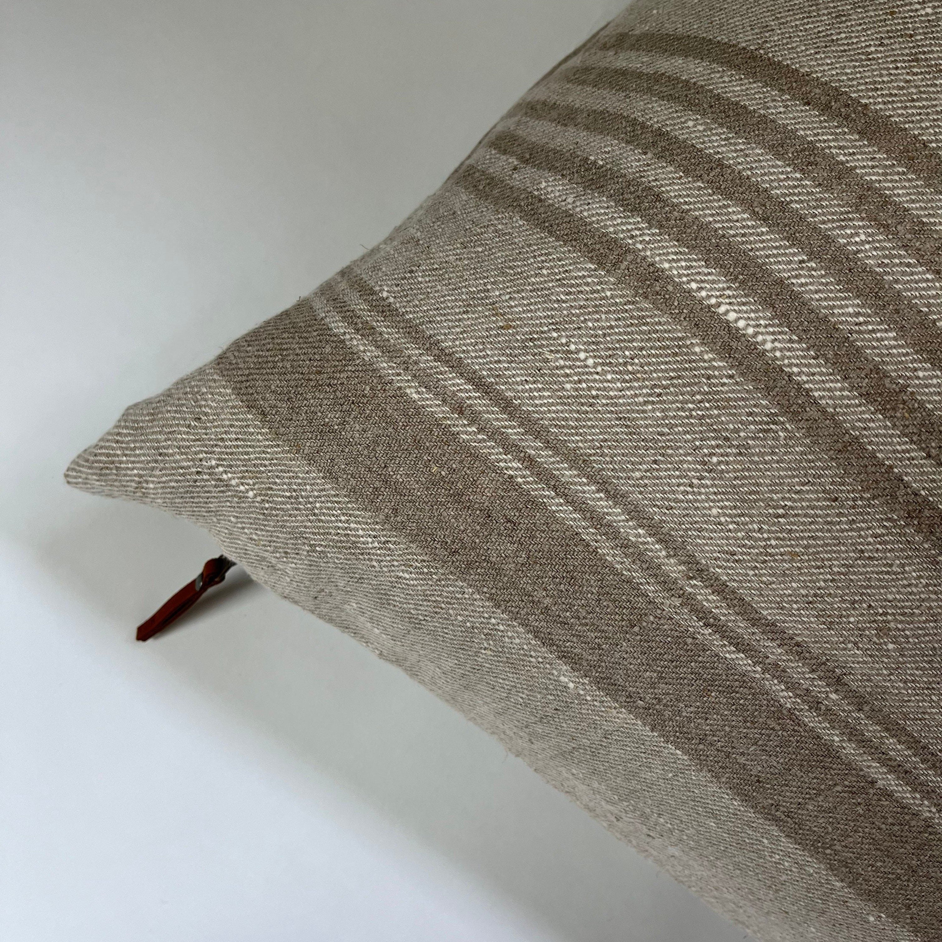 white and tan striped linen pillow cover exposed zipper-leather pull 20x20 22x22 24x24 14x24 high quality 100% linen housewarming gift