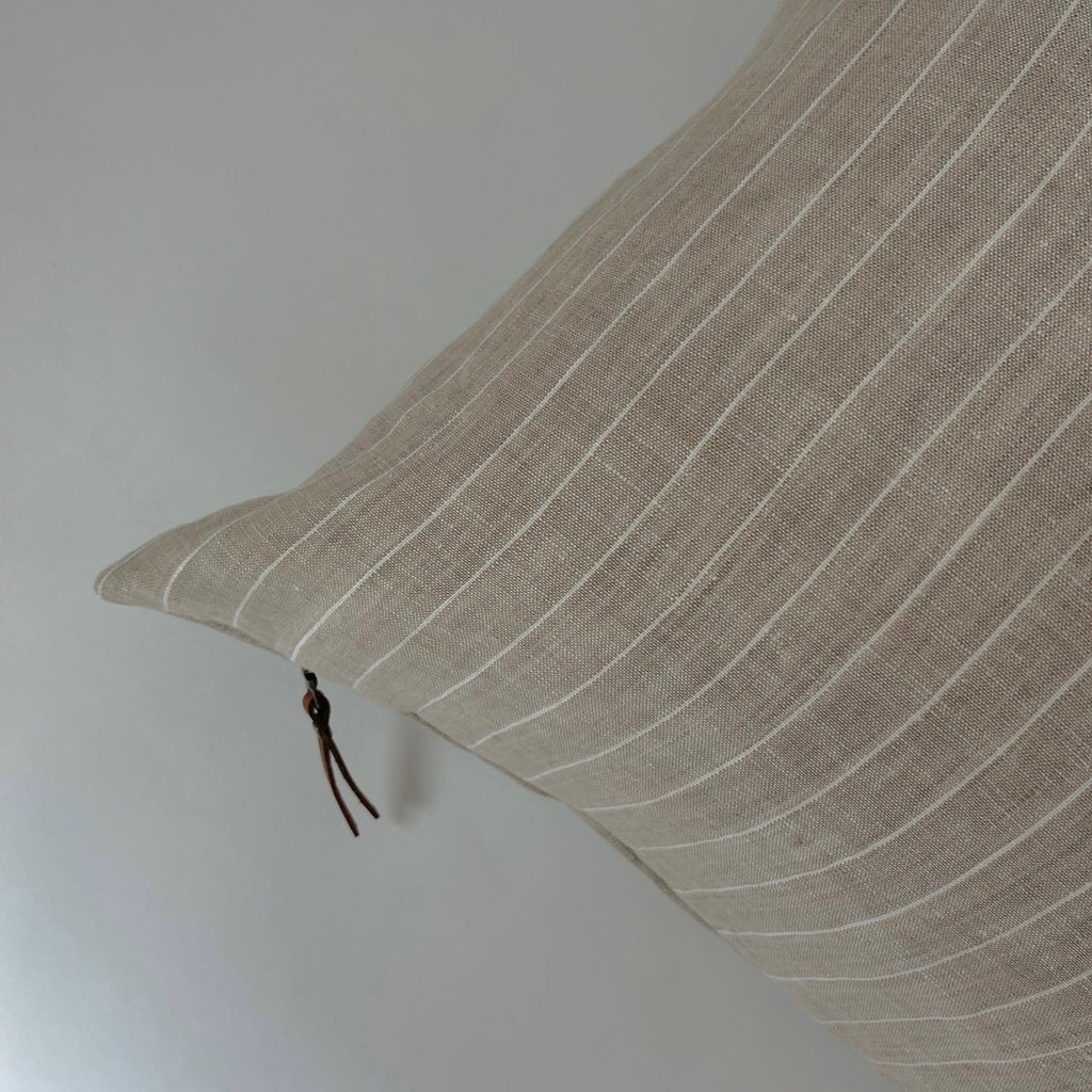 white and tan striped linen pillow cover exposed zipper-leather pull 20"22"24" 14x24 high quality 100% linen