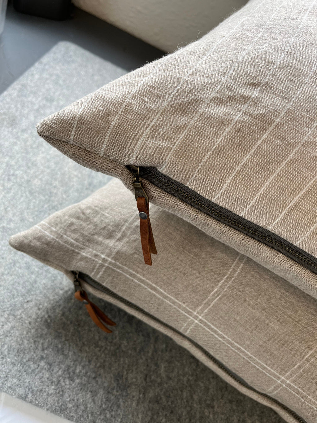 white and tan plaid linen pillow cover exposed zipper-leather pull 20"22"24"14x24 high quality 100% linen housewarming gift