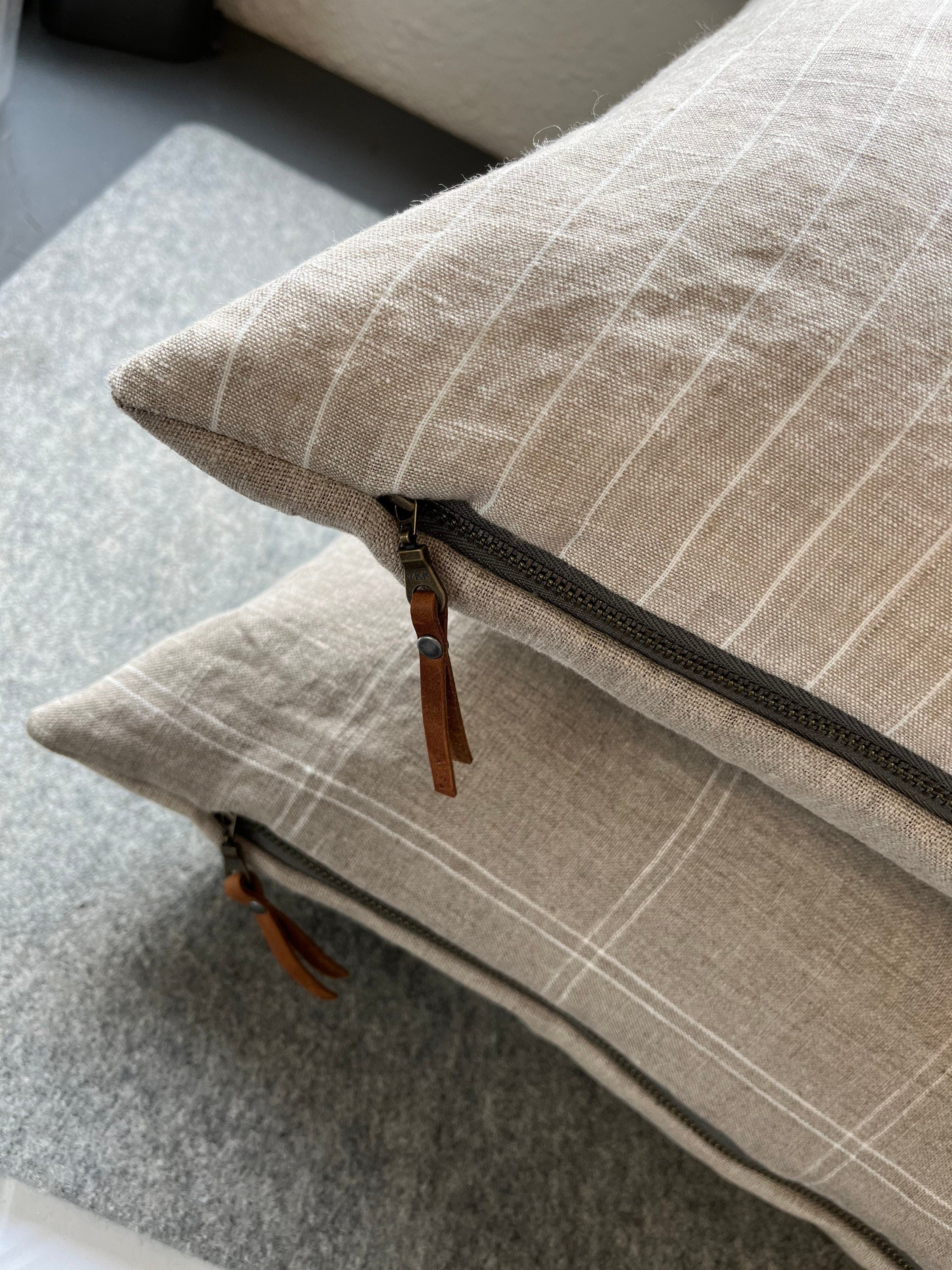 white and tan striped linen pillow cover exposed zipper-leather pull 20"22"24" 14x24 high quality 100% linen