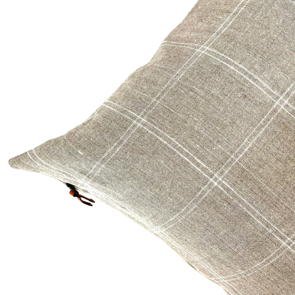 white and tan plaid linen pillow cover exposed zipper-leather pull 20"22"24"14x24 high quality 100% linen housewarming gift