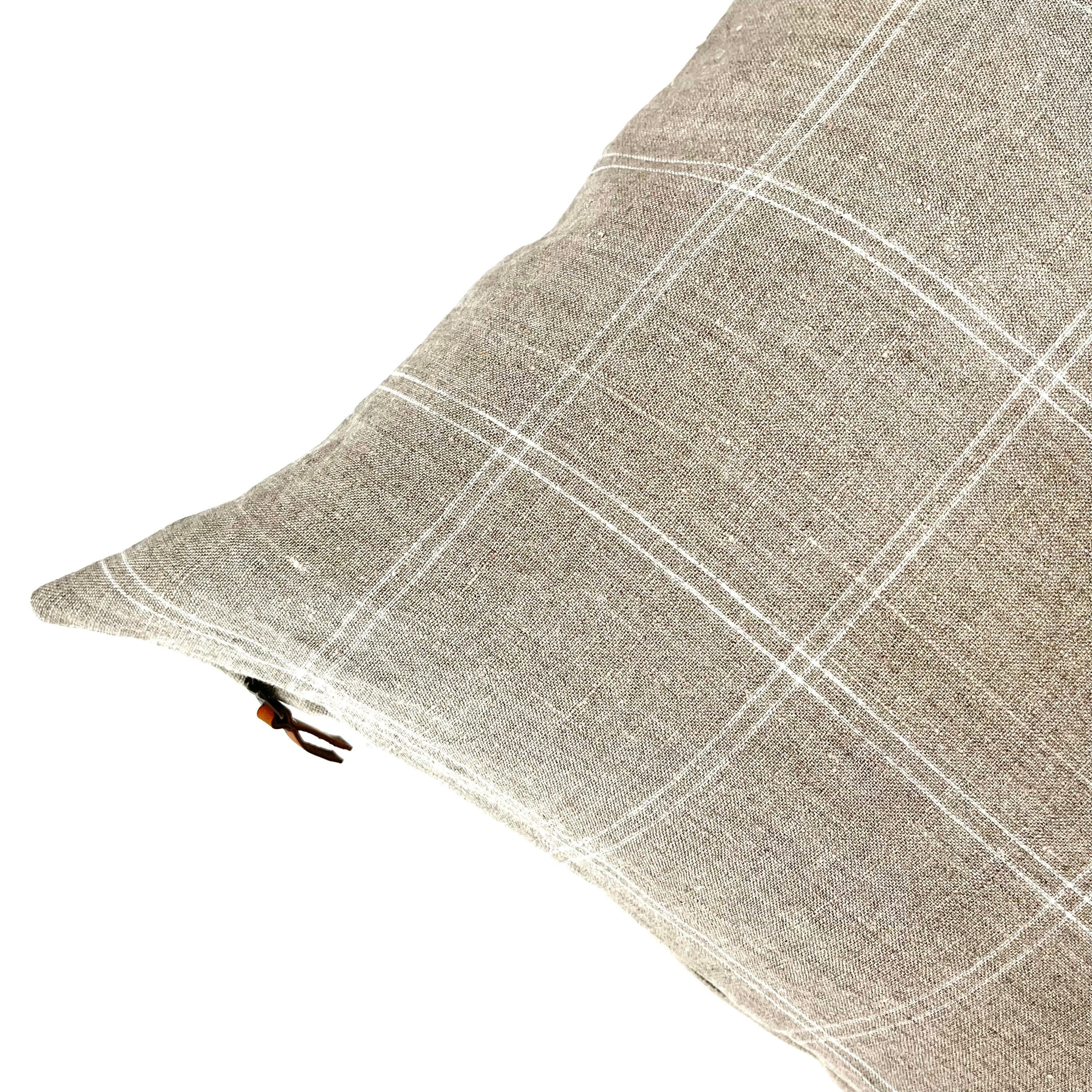 white and tan plaid linen pillow cover exposed zipper-leather pull 20"22"24"14x24 high quality 100% linen housewarming gift