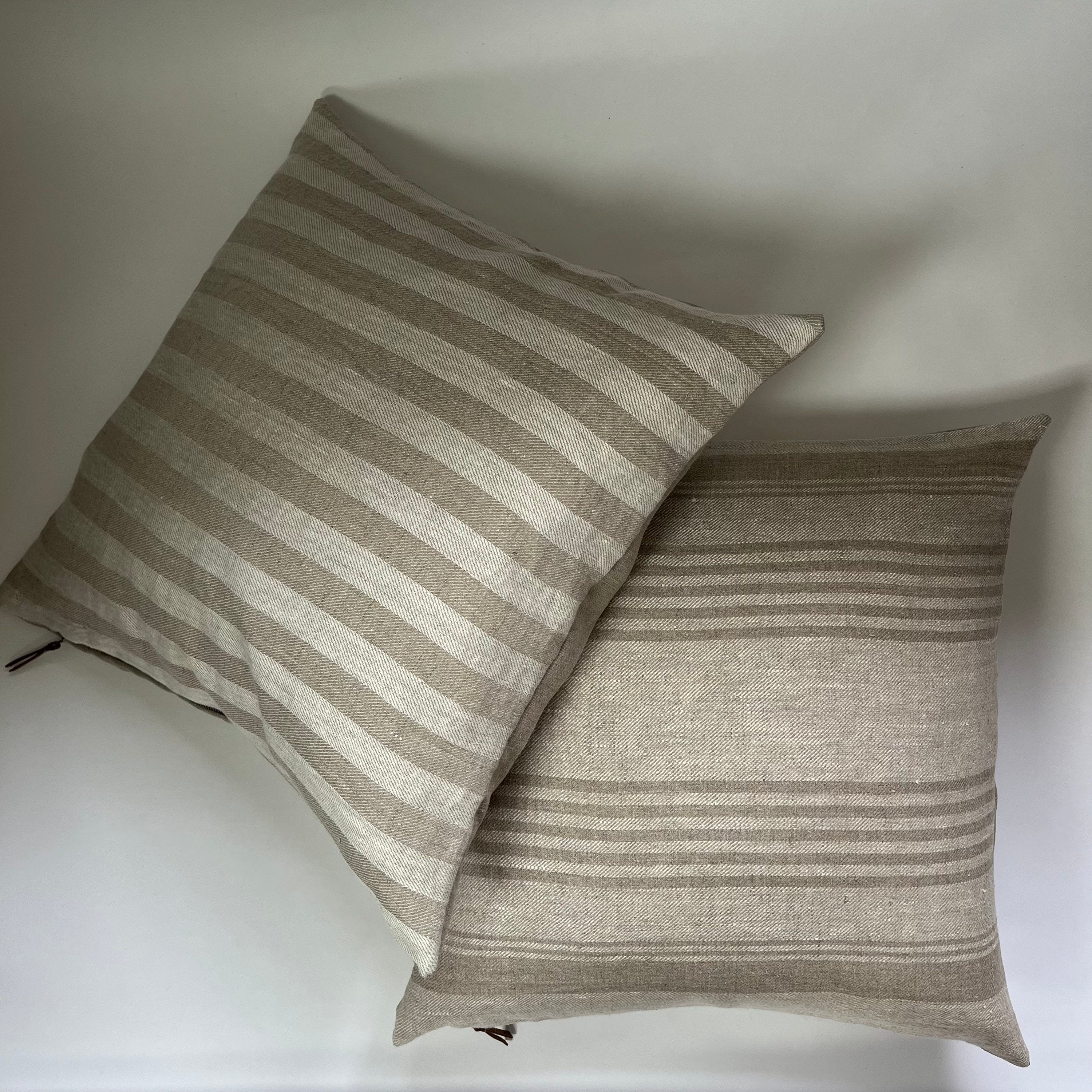 white and tan striped linen pillow cover exposed zipper-leather pull 20x20 22x22 24x24 14x24 high quality 100% linen housewarming gift