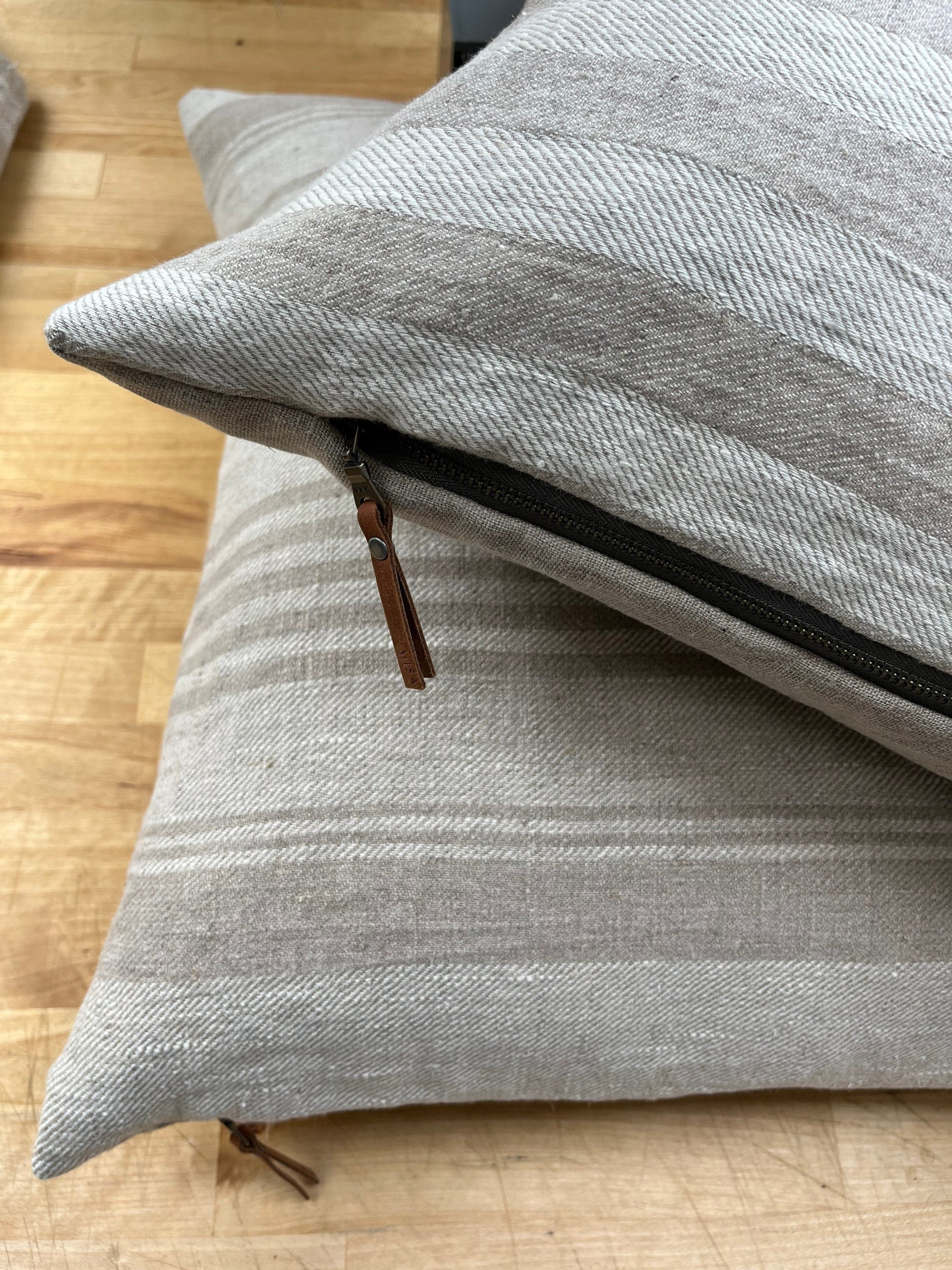 white and tan striped linen pillow cover exposed zipper-leather pull 20x20 22x22 24x24 14x24 high quality 100% linen housewarming gift