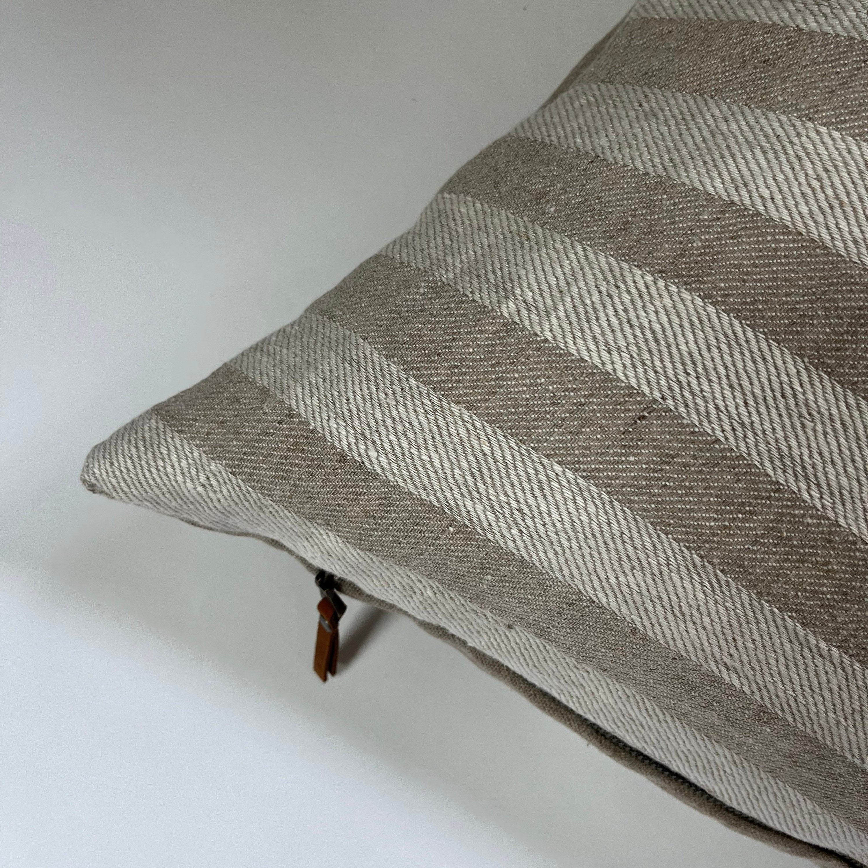 white and tan striped linen pillow cover exposed zipper-leather pull 20x20 22x22 24x24 14x24 high quality 100% linen housewarming gift