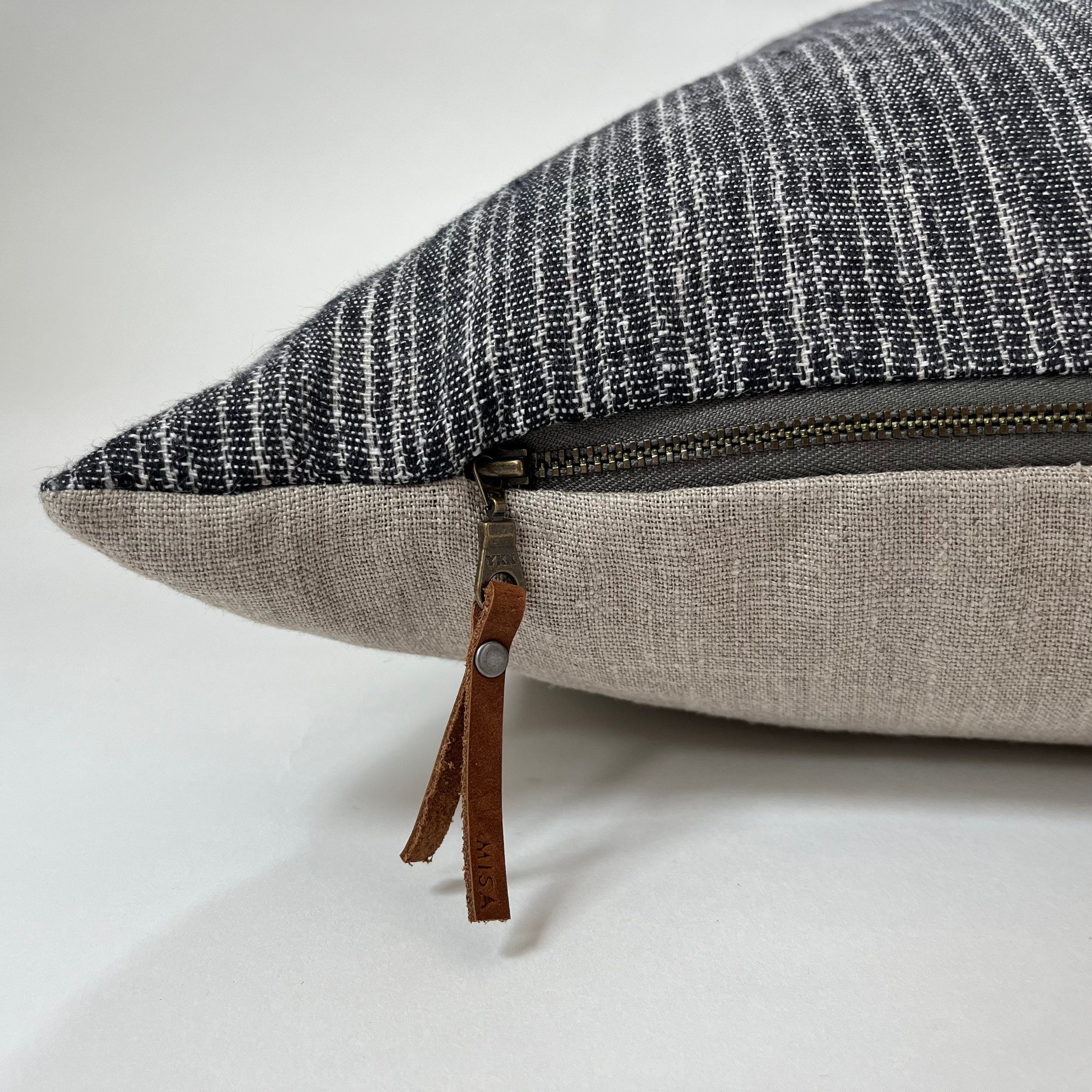 Blue striped linen pillow cover with a natural linen backing exposed zipper-leather pull 20”22"24”14x24” 100% linen housewarming gift