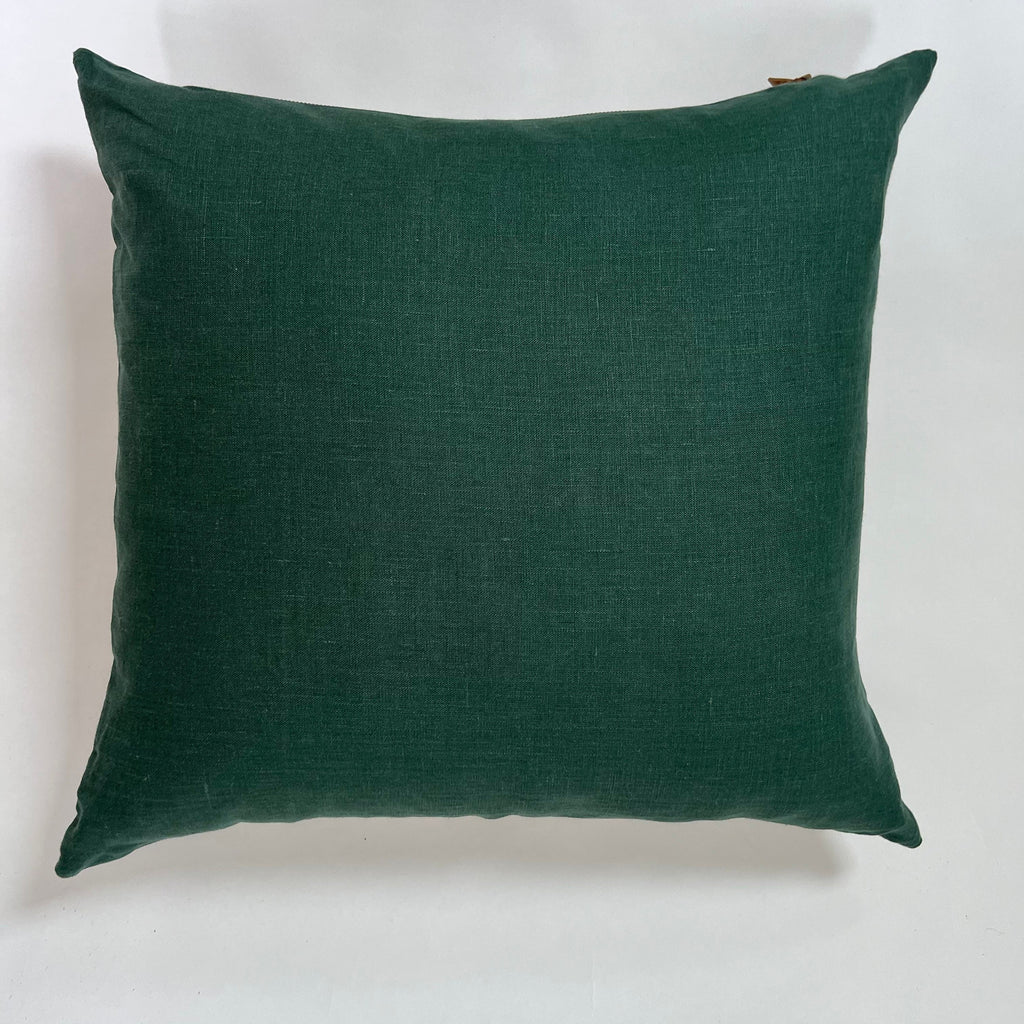 Green linen pillow cover emerald green linen with a natural linen backing exposed zipper-leather pull 20”22"24”14x24” handcrafted by misa