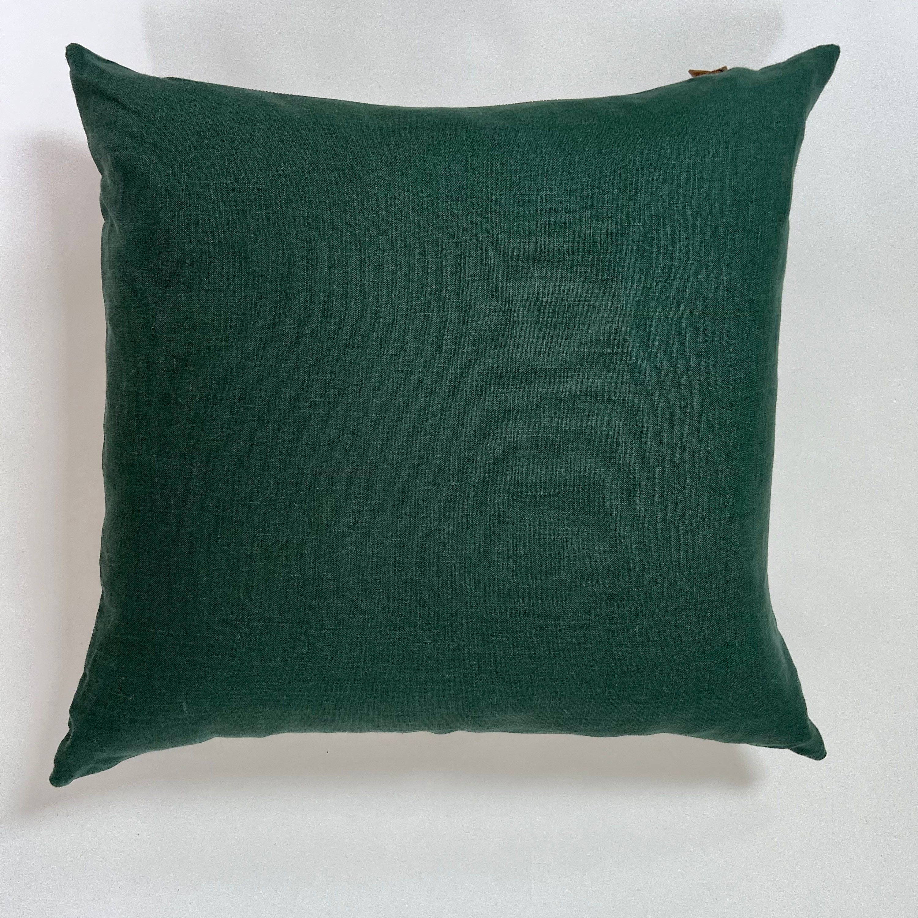 Green linen pillow cover emerald green linen with a natural linen backing exposed zipper-leather pull 20”22"24”14x24” handcrafted by misa