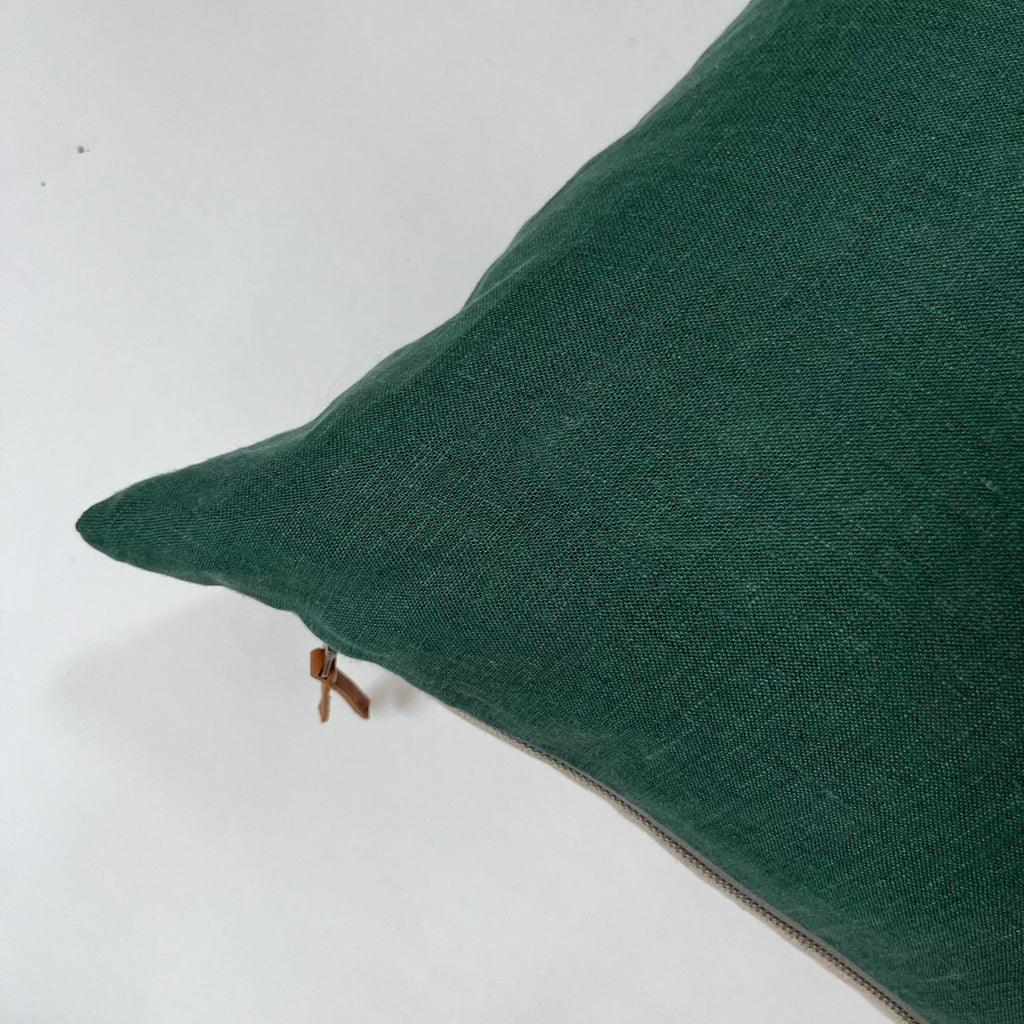 Green linen pillow cover emerald green linen with a natural linen backing exposed zipper-leather pull 20”22"24”14x24” handcrafted by misa