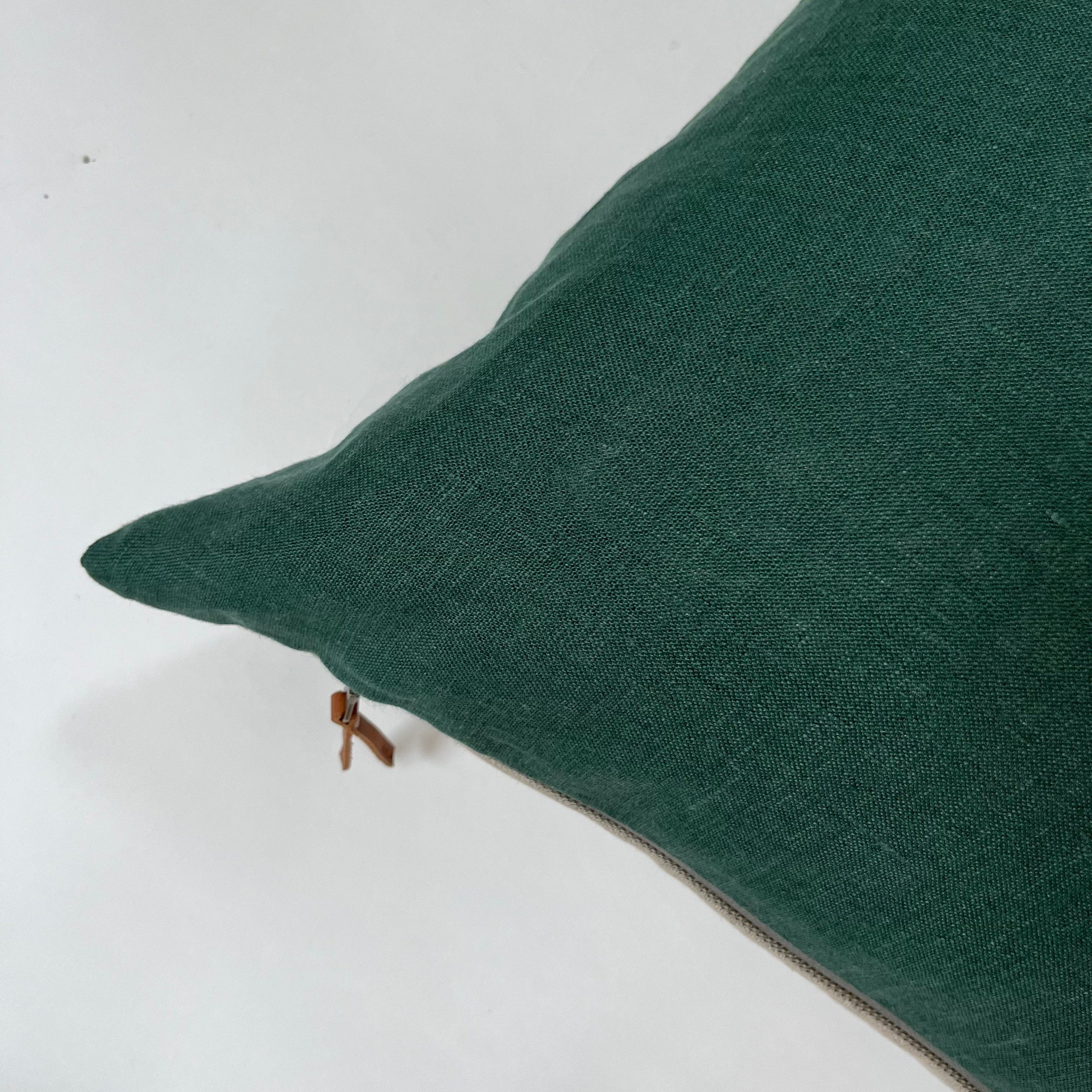 Green linen pillow cover emerald green linen with a natural linen backing exposed zipper-leather pull 20”22"24”14x24” handcrafted by misa