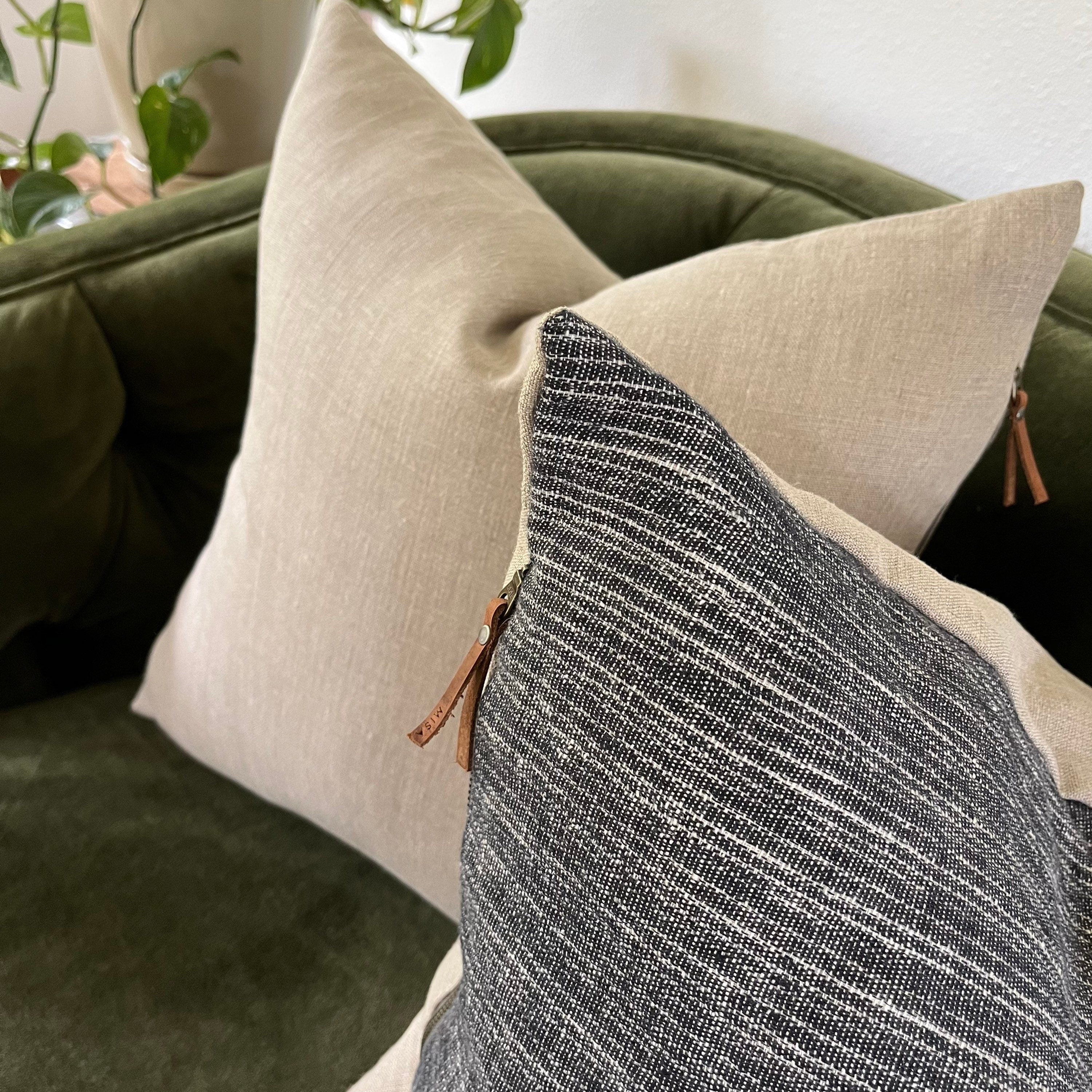 Blue striped linen pillow cover with a natural linen backing exposed zipper-leather pull 20”22"24”14x24” 100% linen housewarming gift