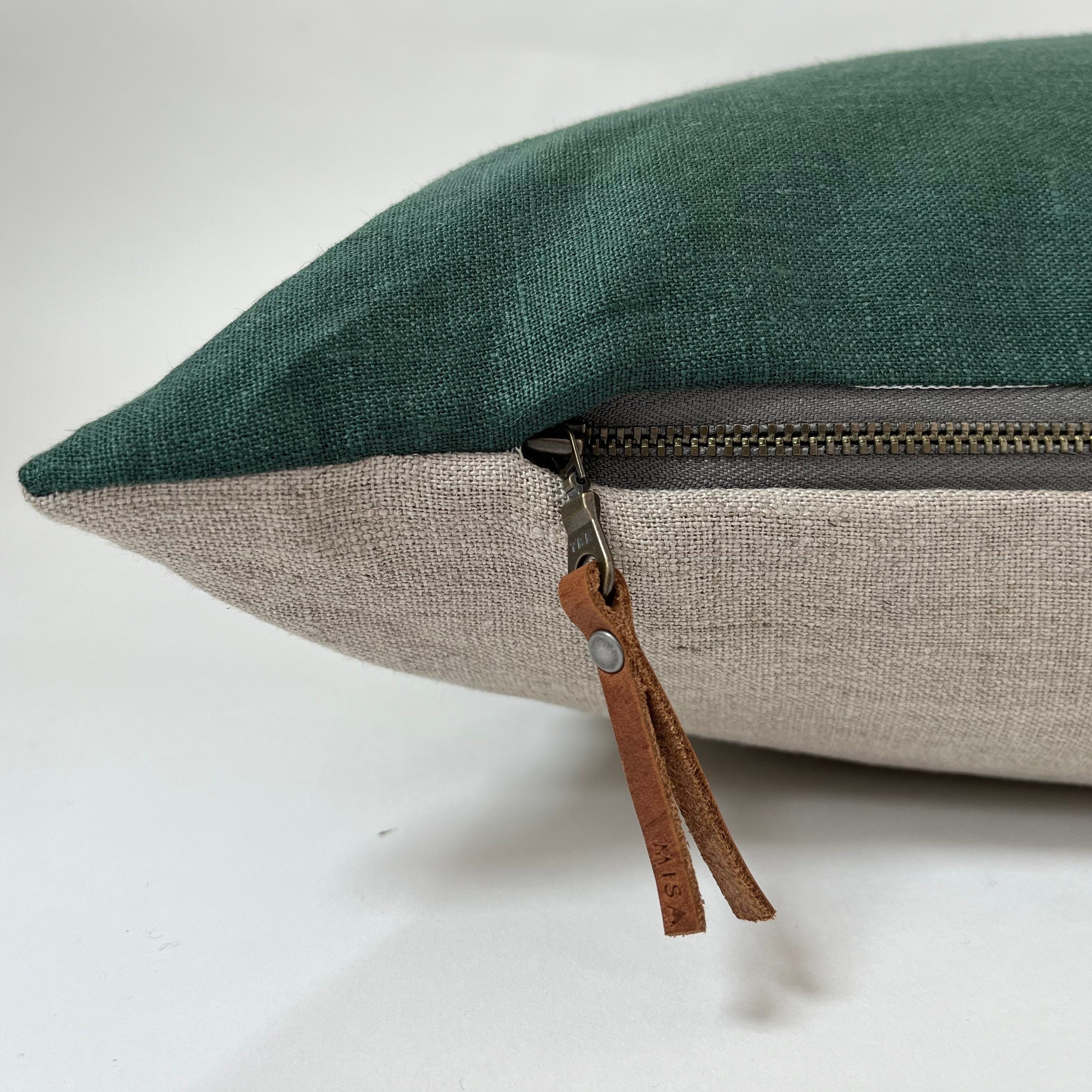 Green linen pillow cover emerald green linen with a natural linen backing exposed zipper-leather pull 20”22"24”14x24” handcrafted by misa
