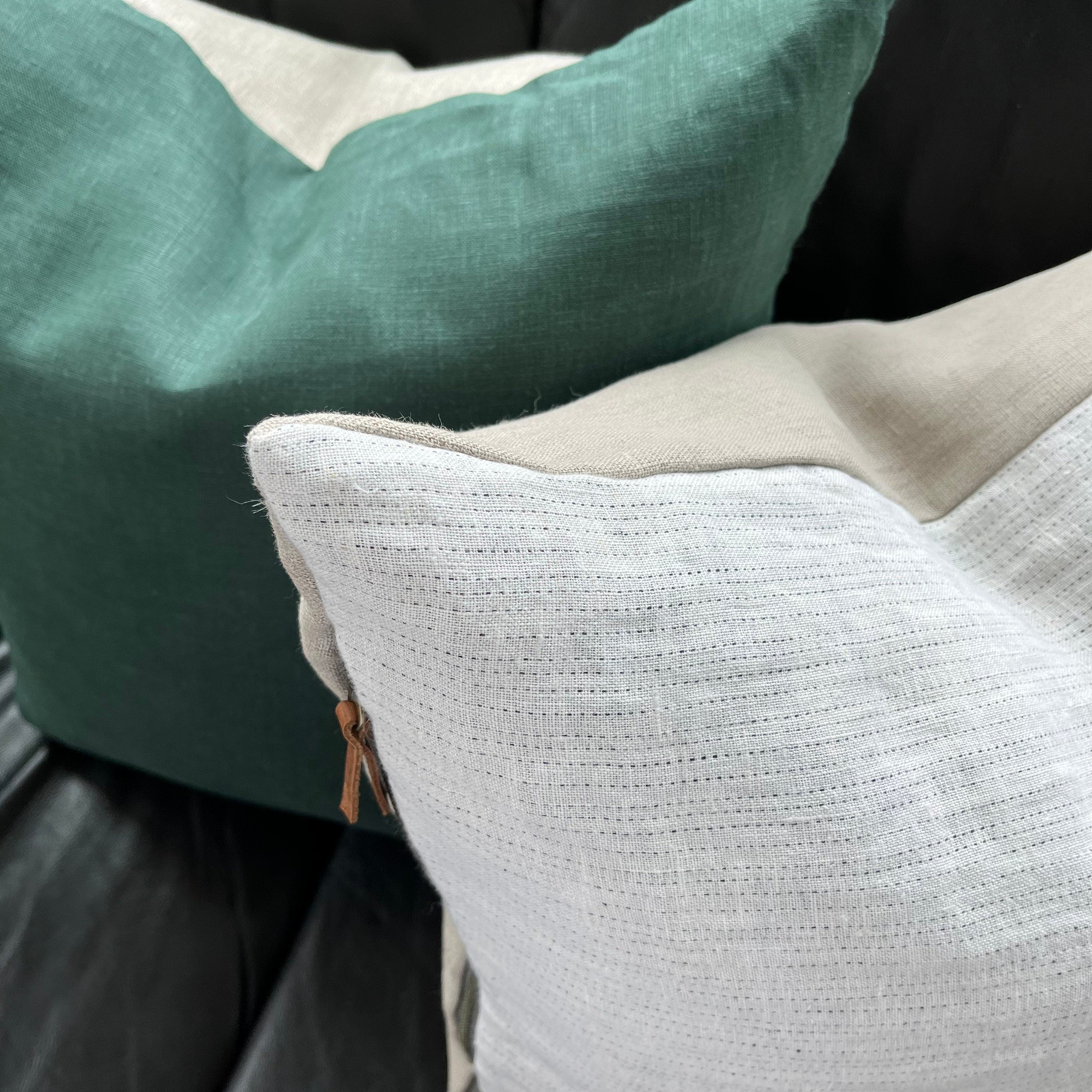 Green linen pillow cover emerald green linen with a natural linen backing exposed zipper-leather pull 20”22"24”14x24” handcrafted by misa