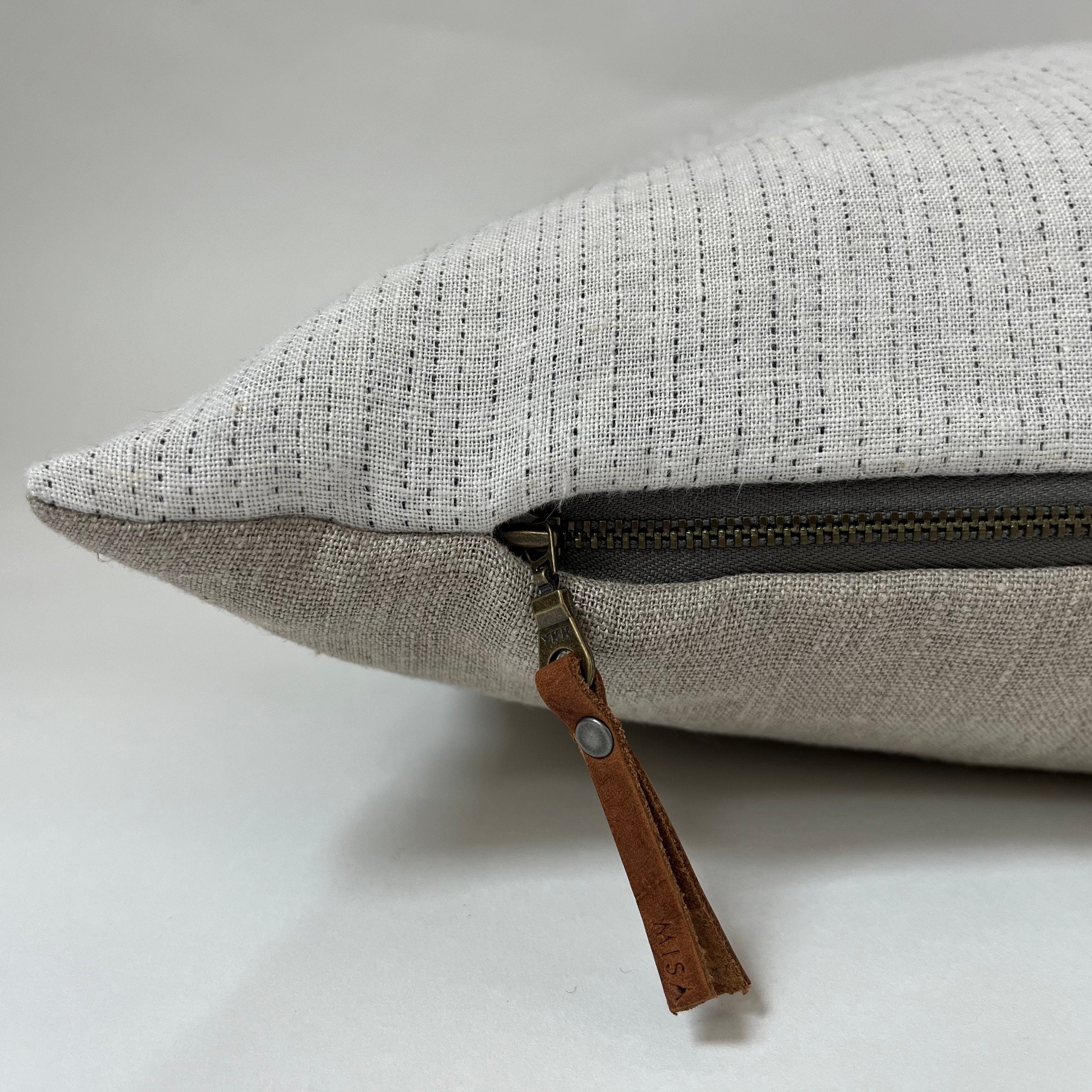 white and black striped linen pillow cover exposed zipper-leather pull 20"22"24" 14x24 high quality 100% linen housewarming gift