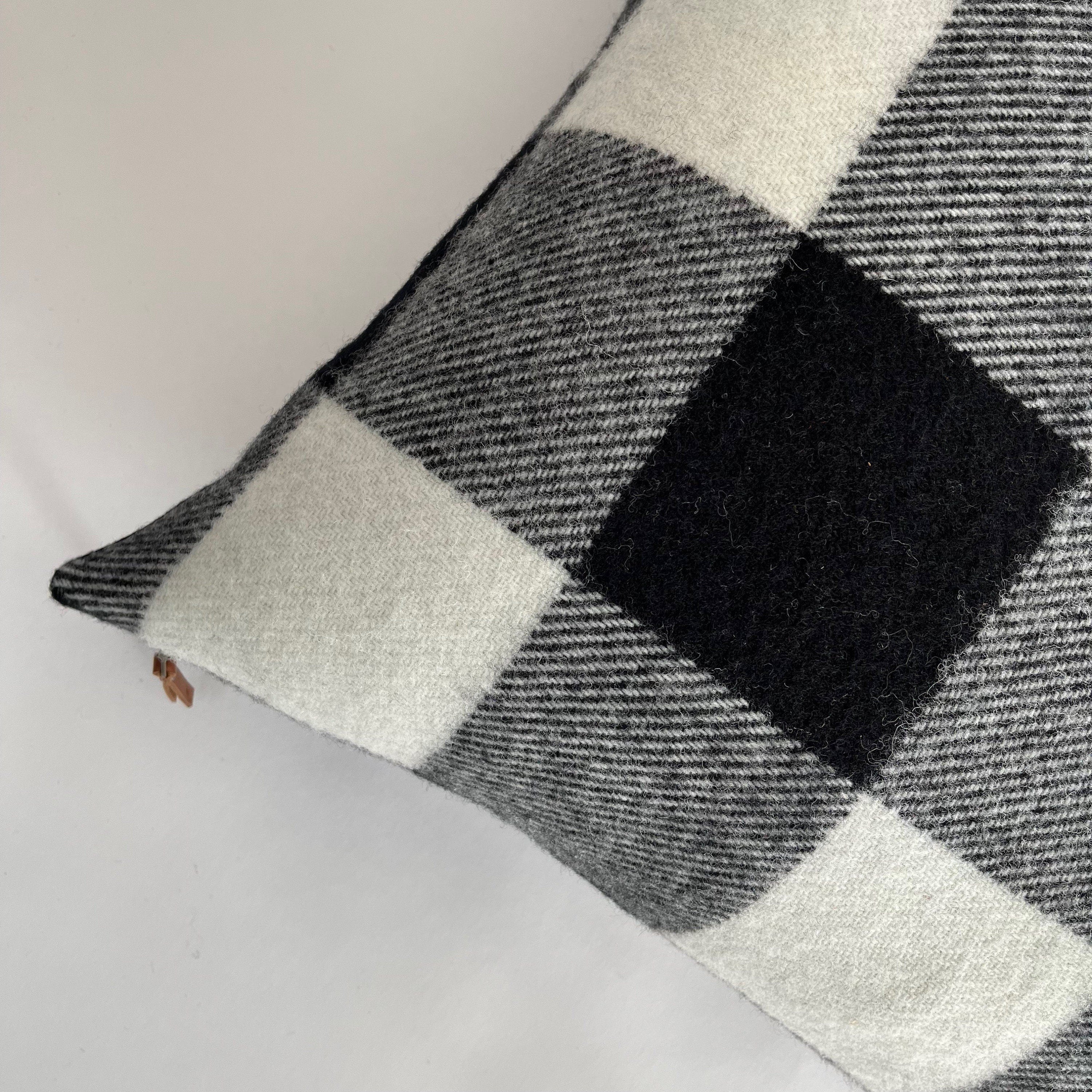 Black and cream plaid pillow cover buffalo plaid exposed zipper-leather pull 14x24 20" 22" 24" handmade