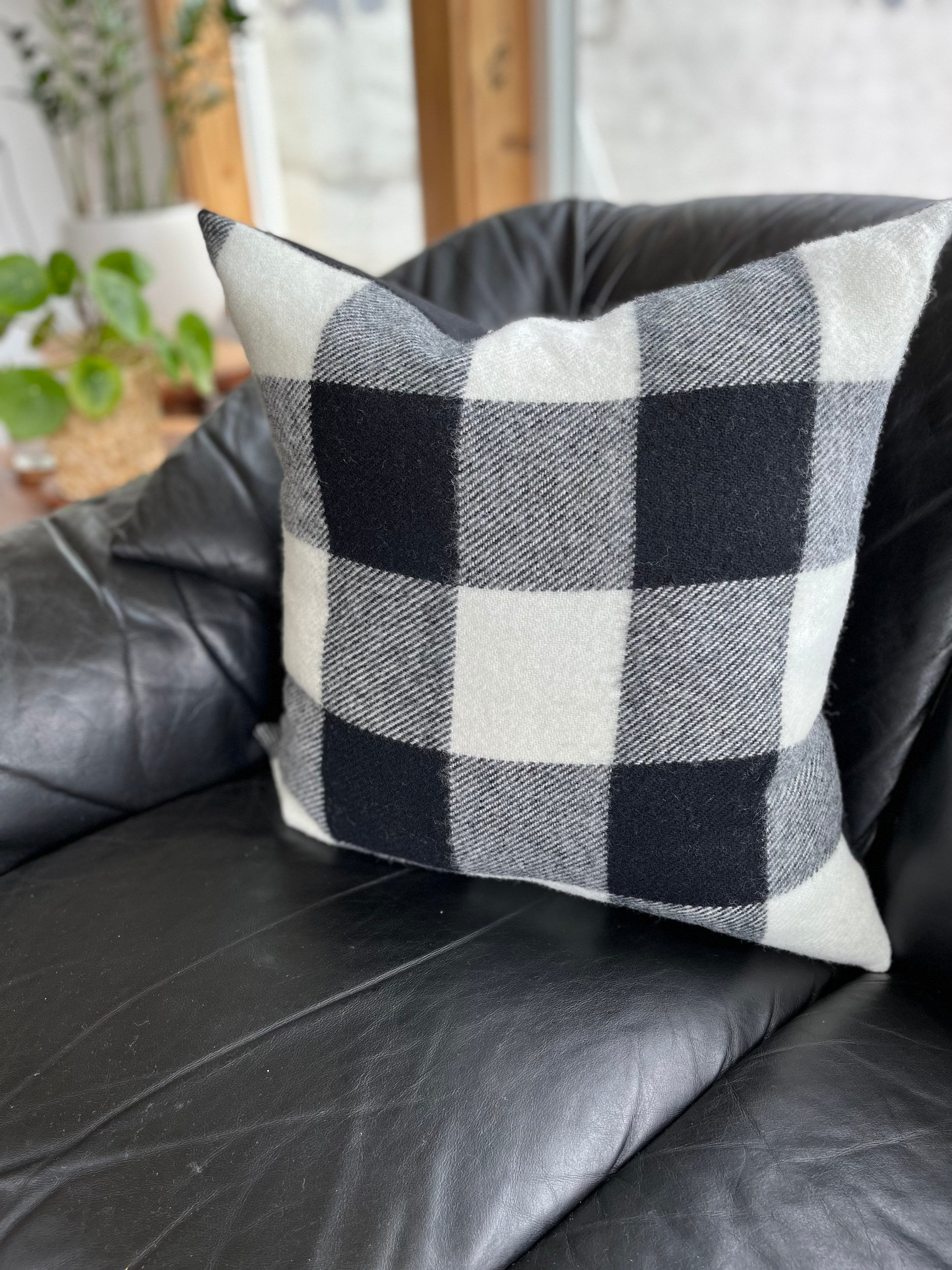 Black and cream plaid pillow cover buffalo plaid exposed zipper-leather pull 14x24 20" 22" 24" handmade