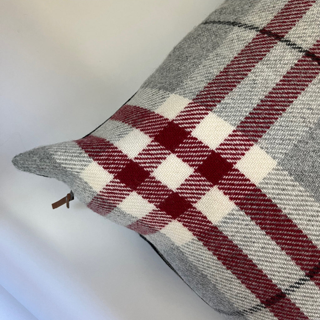 wool Pillow cover Red and black plaid Christmas pillow exposed leather zipper 20"22"24"14x24 Housewarming gift